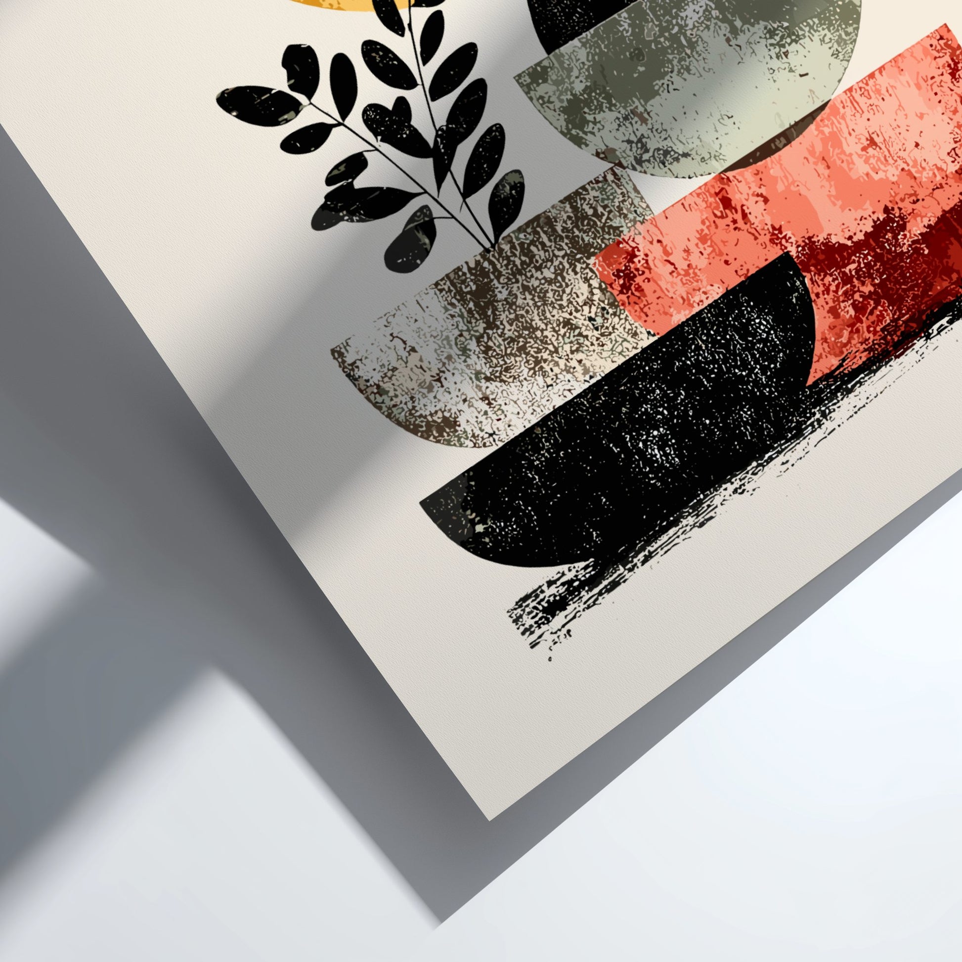 Abstract art piece with black, red, and white shapes on a light background