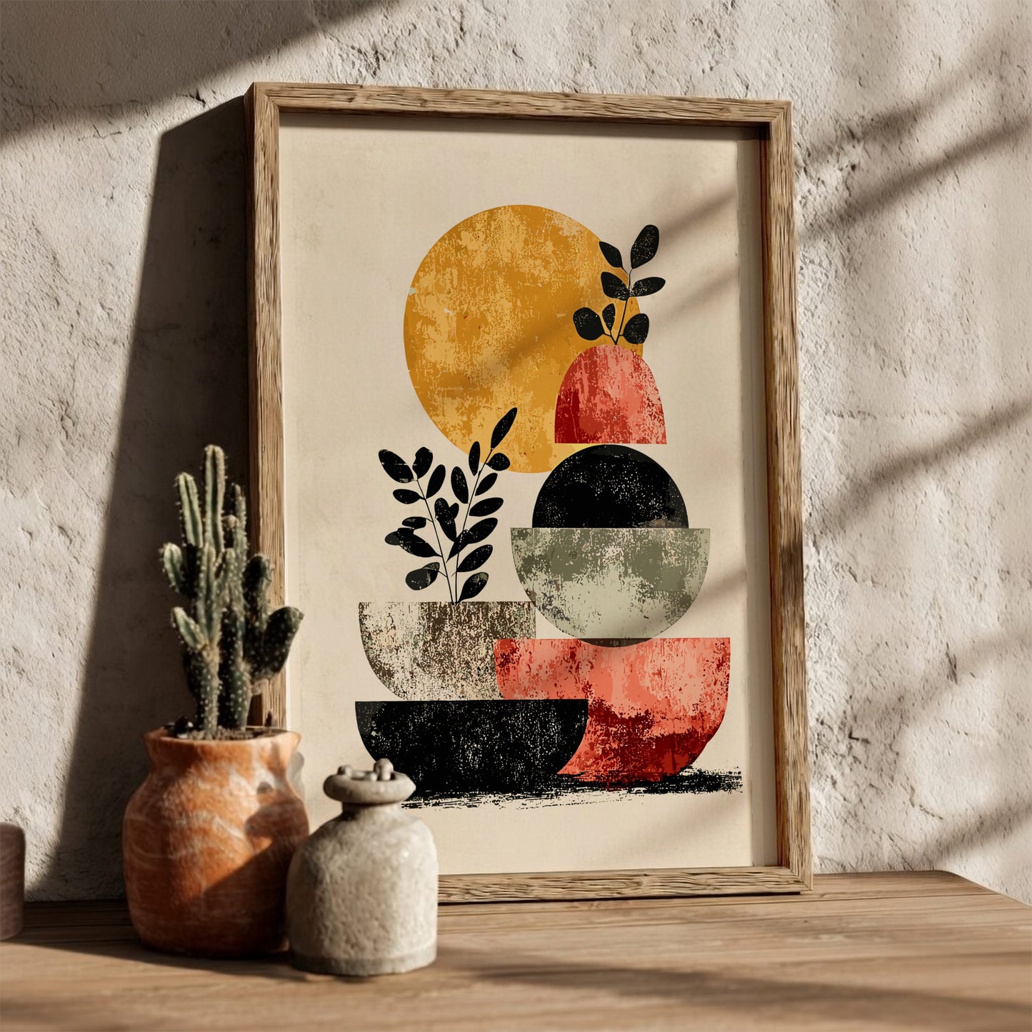 Framed abstract art print with geometric shapes on a textured wall.