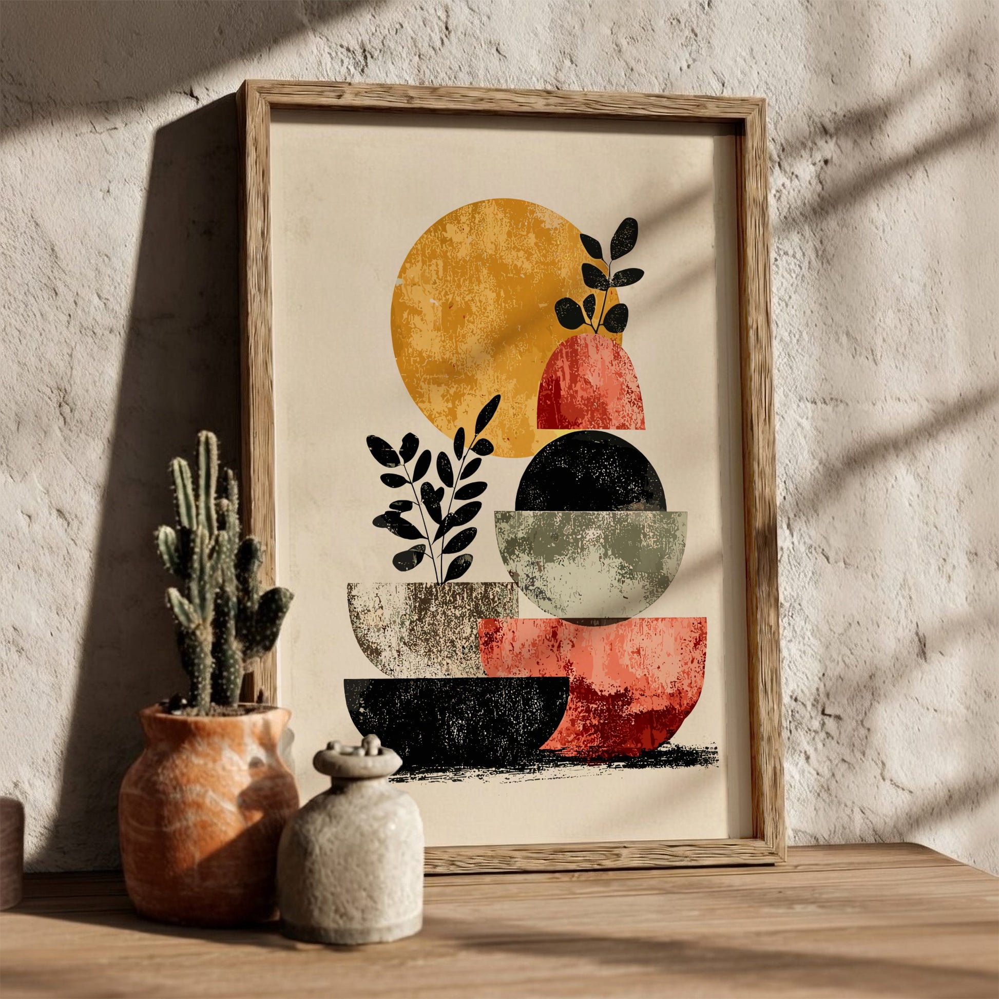 Framed abstract art print with geometric shapes on a textured wall.