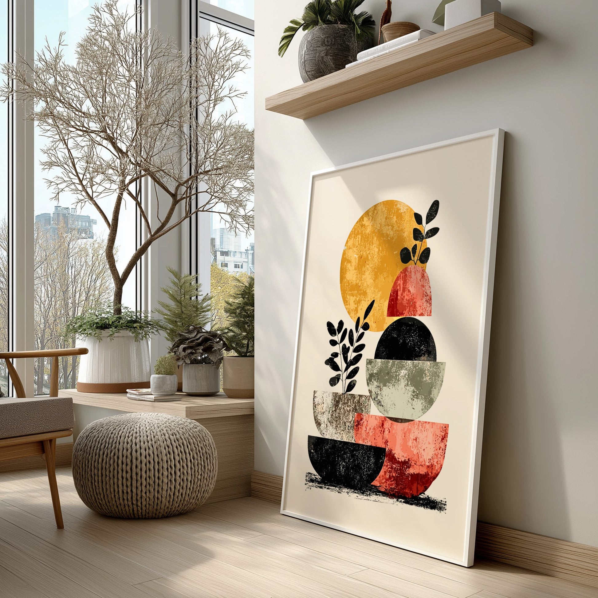 Framed abstract art piece on a wall in a modern living room with plants and furniture.