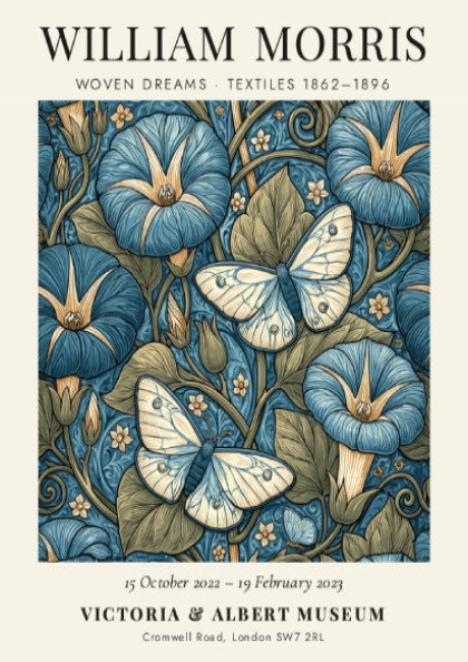 Woven Dreams poster featuring floral designs and butterflies in blue tones