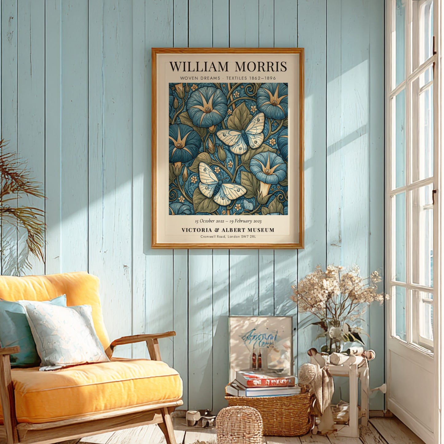 Woven Dreams poster featuring floral designs and butterflies in blue tones