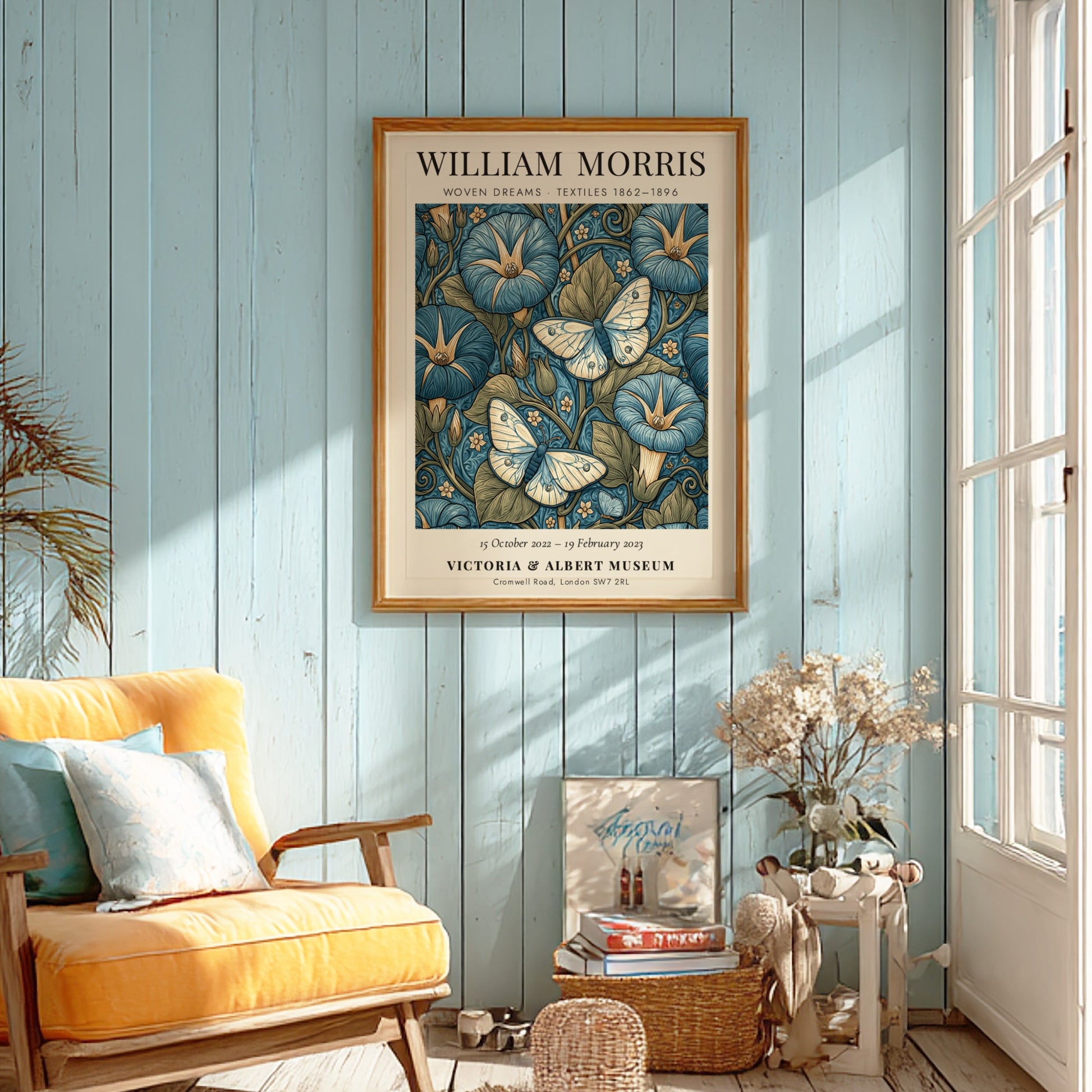 Woven Dreams poster featuring floral designs and butterflies in blue tones