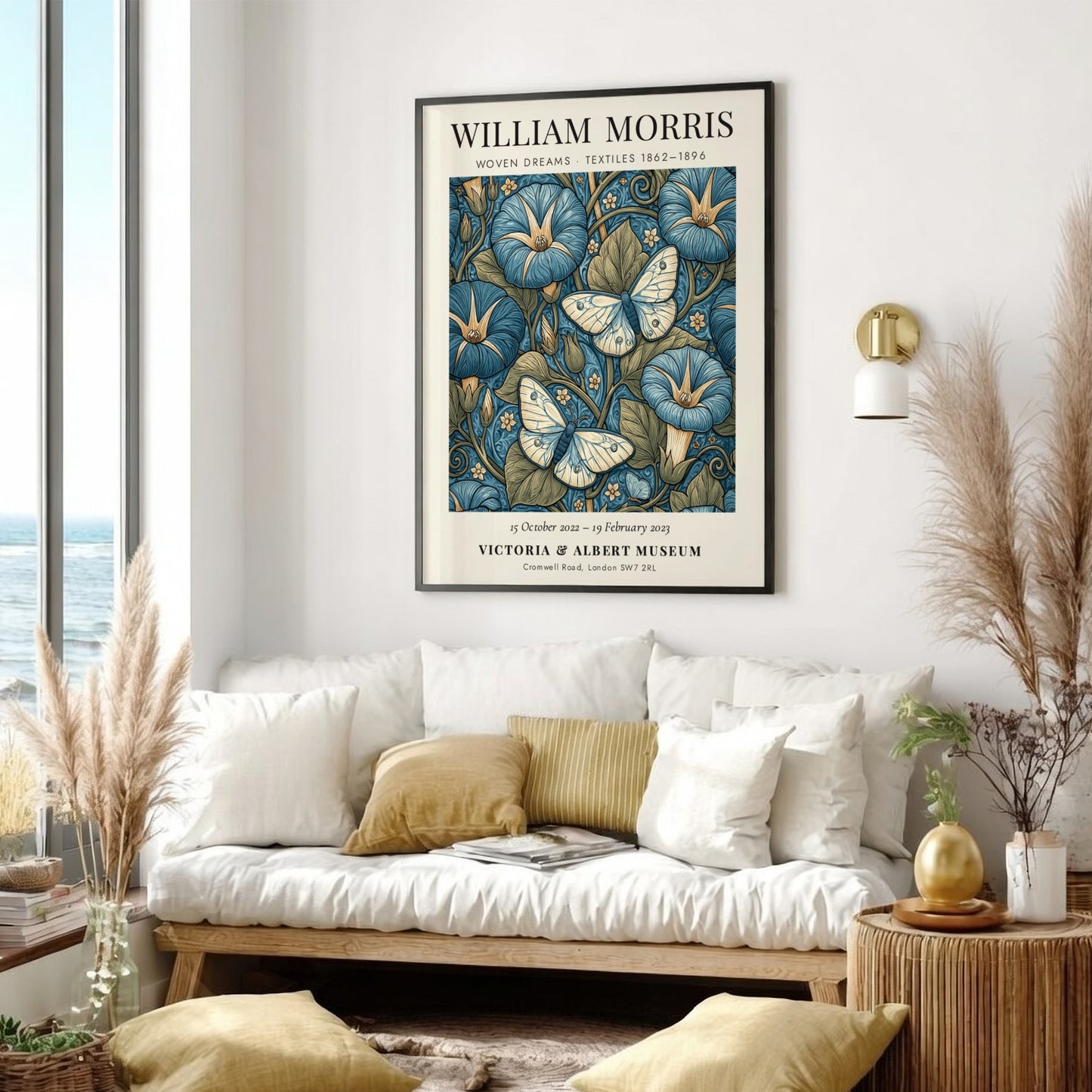 Woven Dreams poster featuring floral designs and butterflies in blue tones