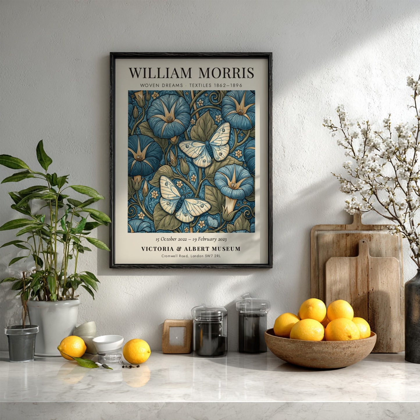 Woven Dreams poster featuring floral designs and butterflies in blue tones