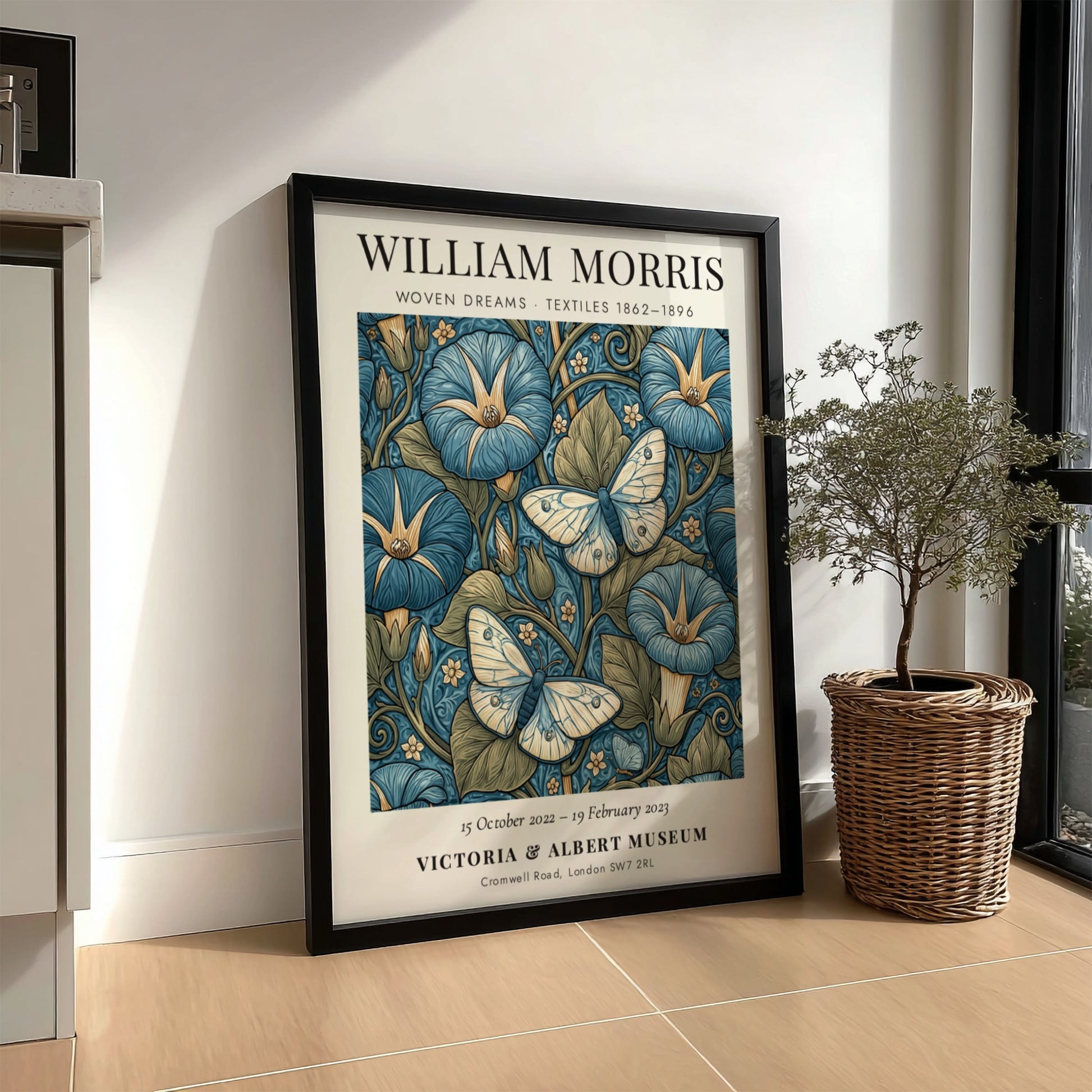 Woven Dreams poster featuring floral designs and butterflies in blue tones