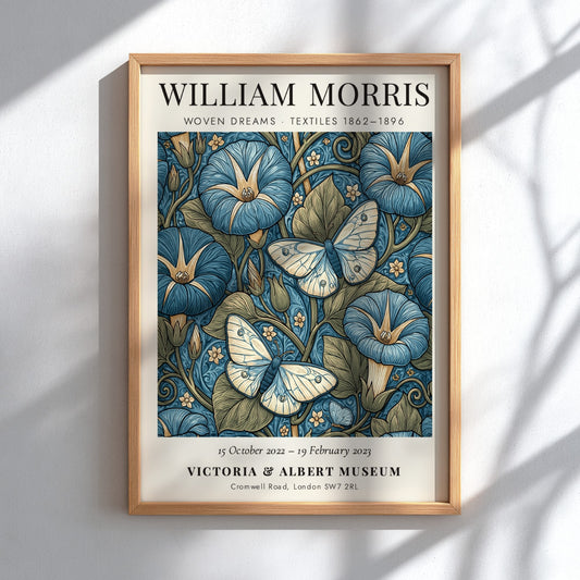 Woven Dreams poster featuring floral designs and butterflies in blue tones
