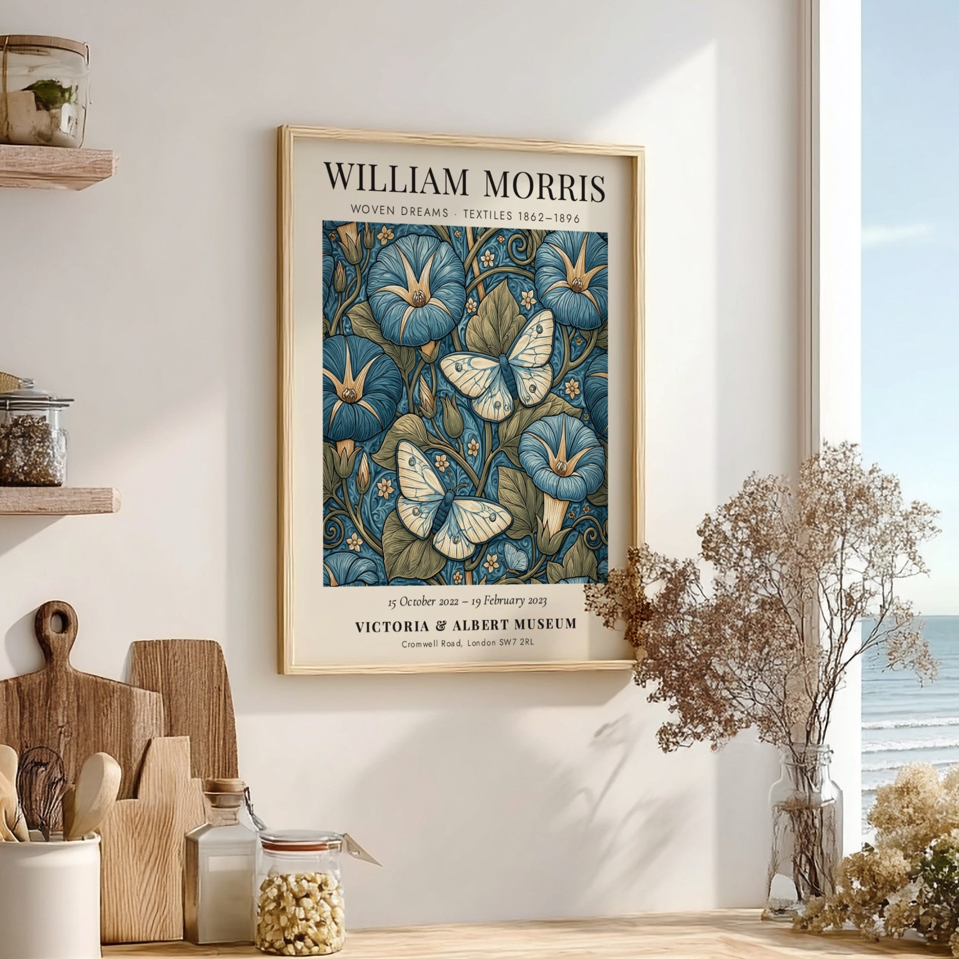 Woven Dreams poster featuring floral designs and butterflies in blue tones