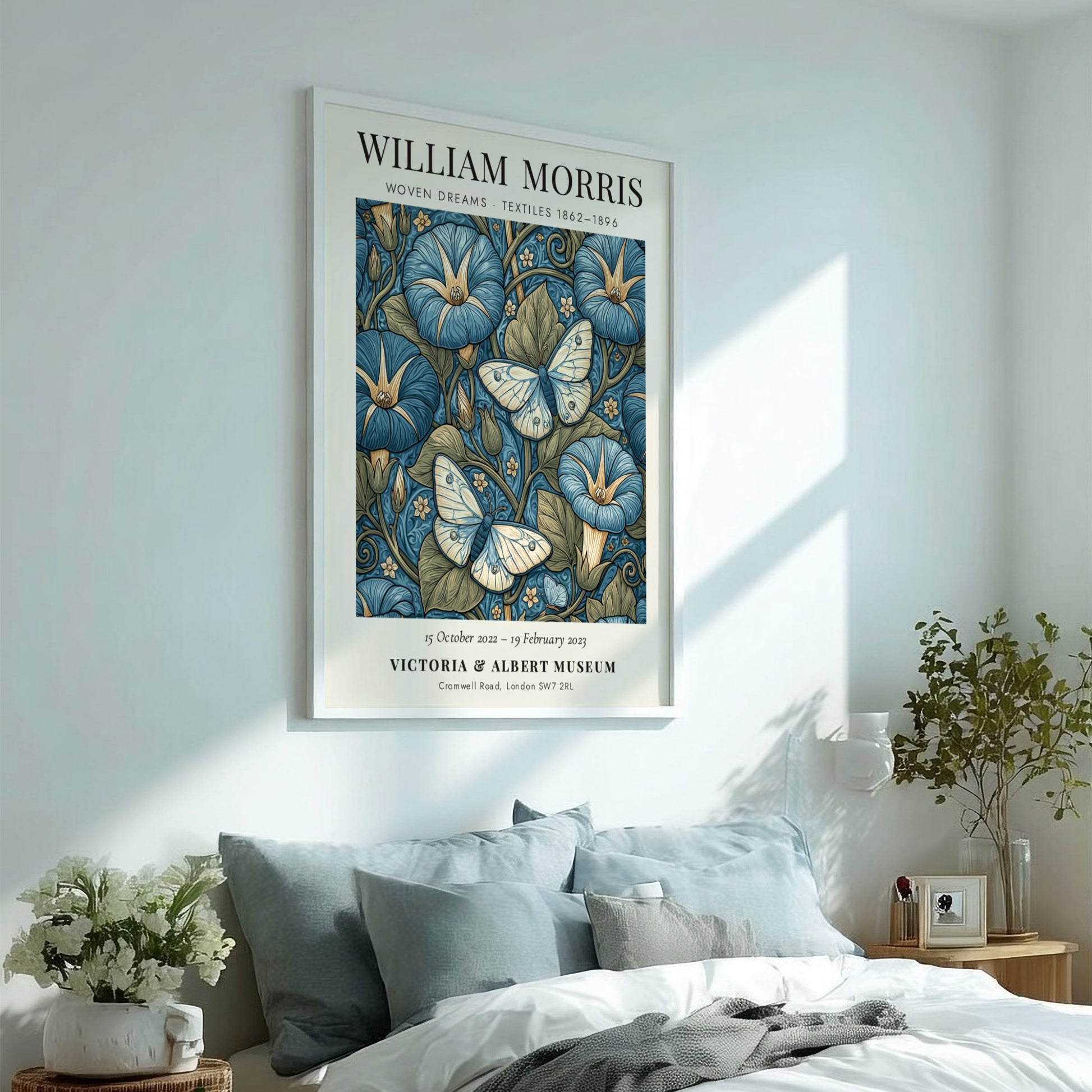Woven Dreams poster featuring floral designs and butterflies in blue tones