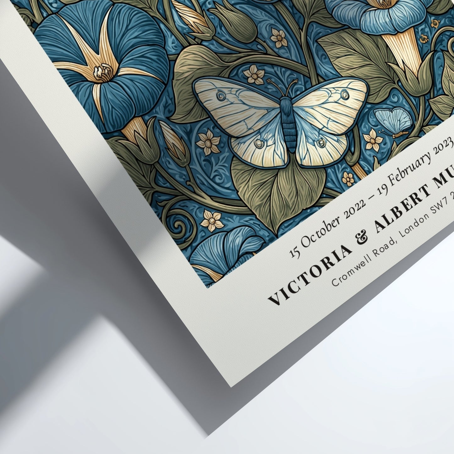 Woven Dreams poster featuring floral designs and butterflies in blue tones