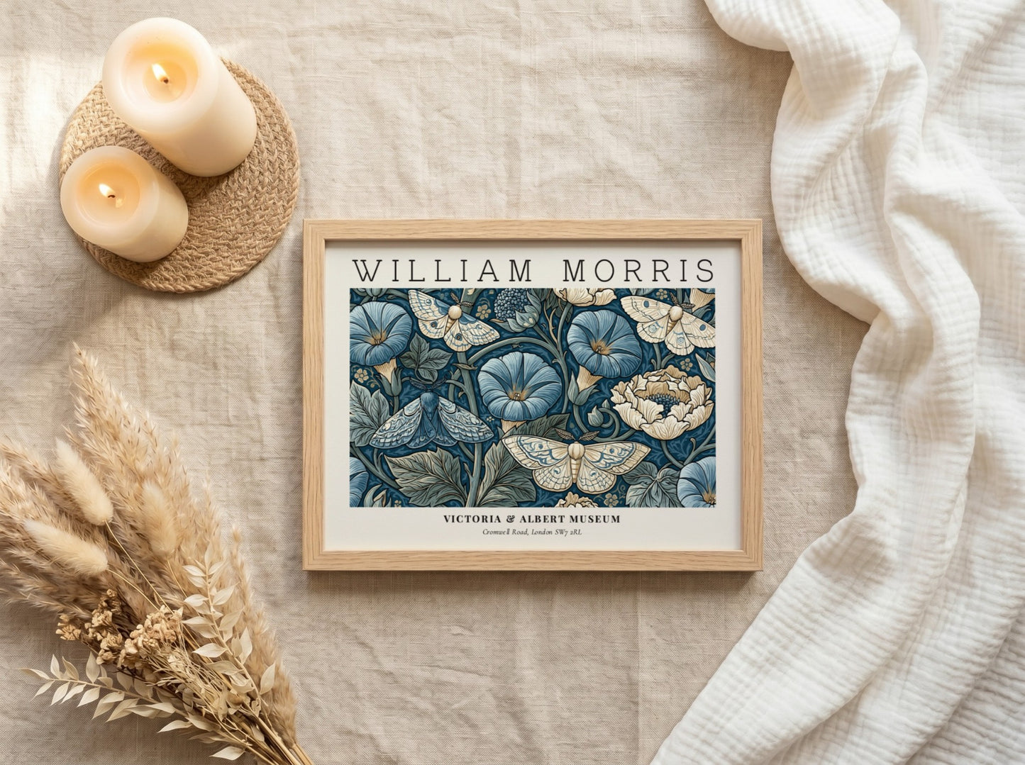 Woven Dreams wall art print featuring floral motifs and moths in rich blue tones