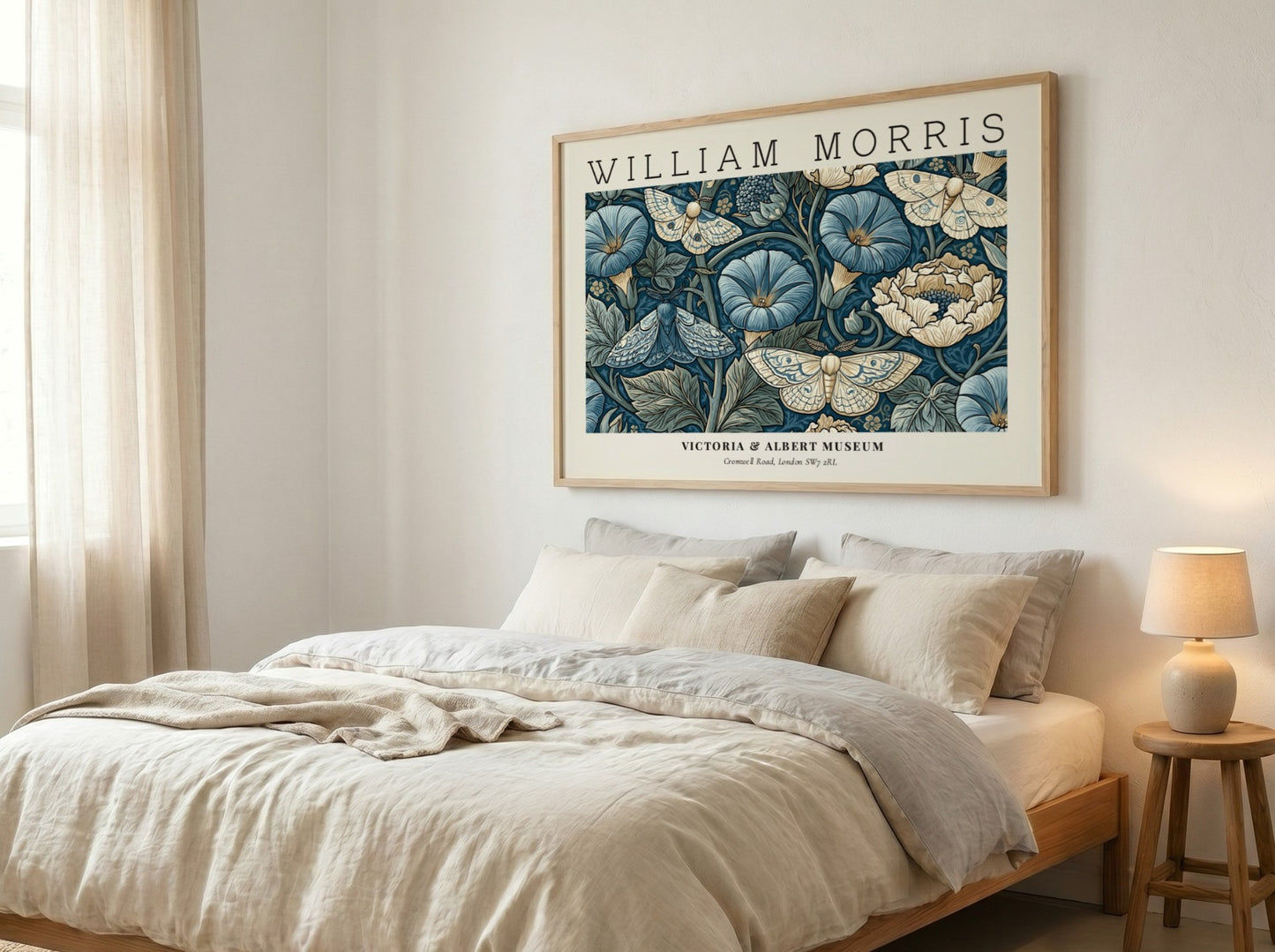 Woven Dreams wall art print featuring floral motifs and moths in rich blue tones