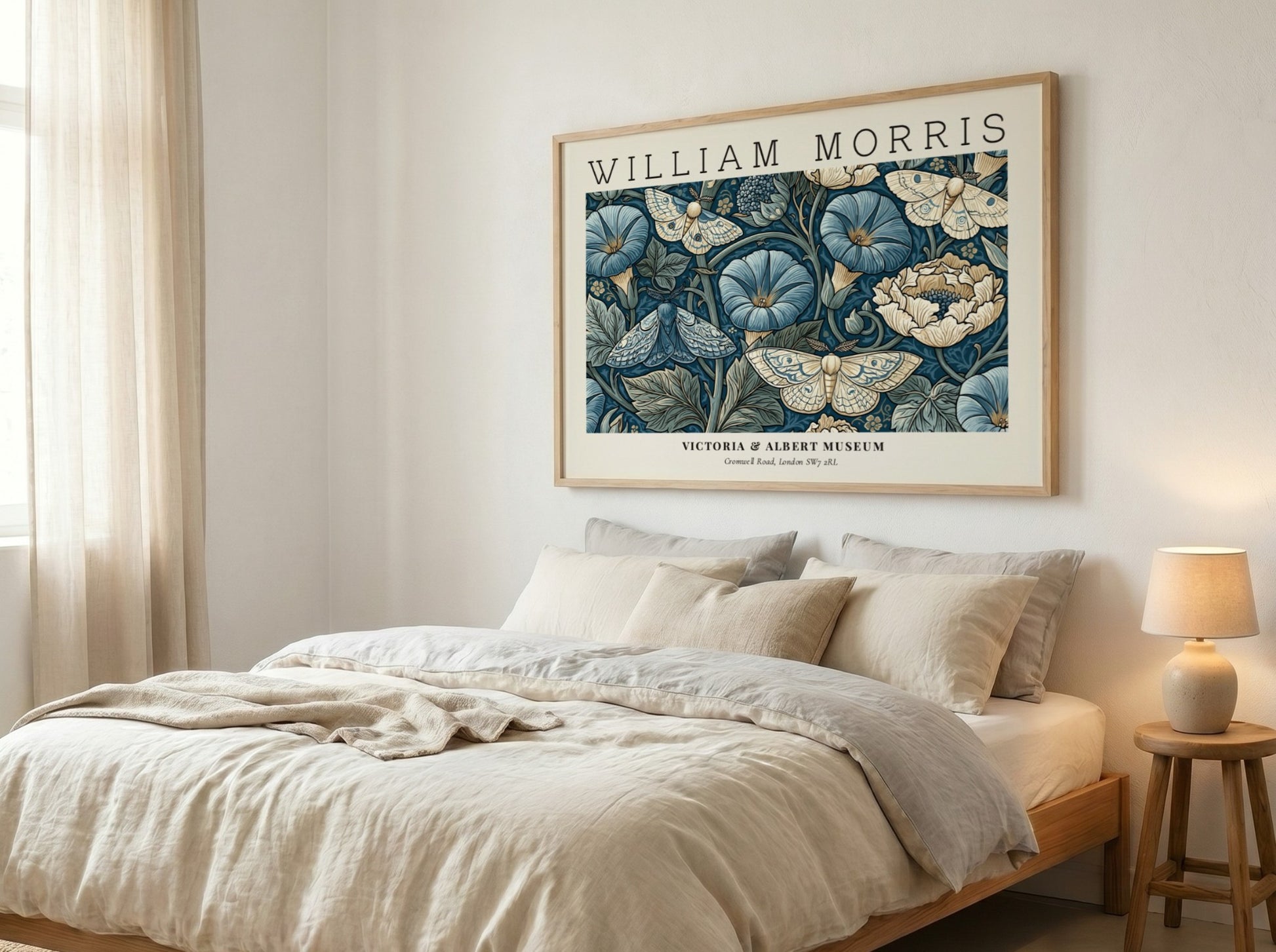 Woven Dreams wall art print featuring floral motifs and moths in rich blue tones