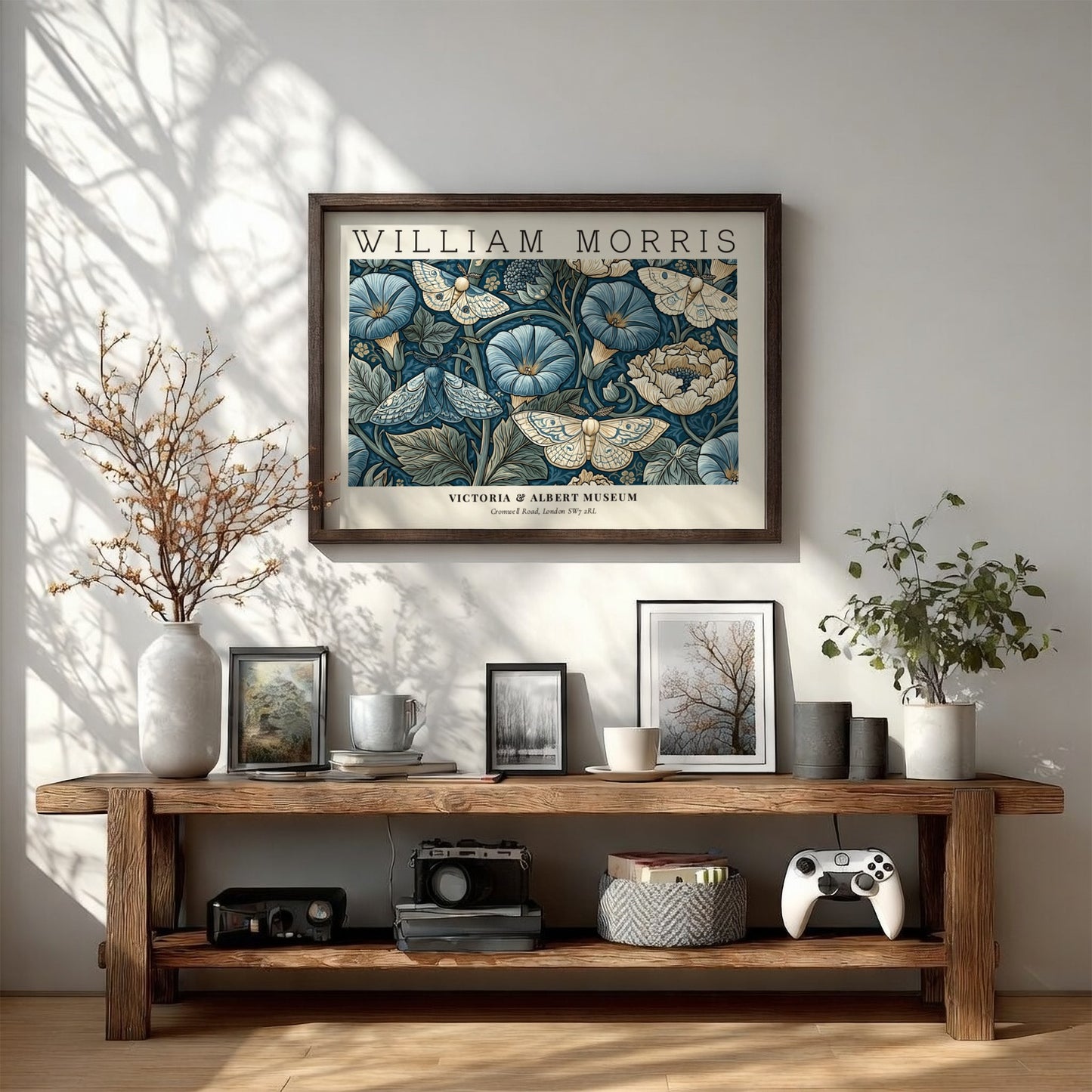 Woven Dreams wall art print featuring floral motifs and moths in rich blue tones