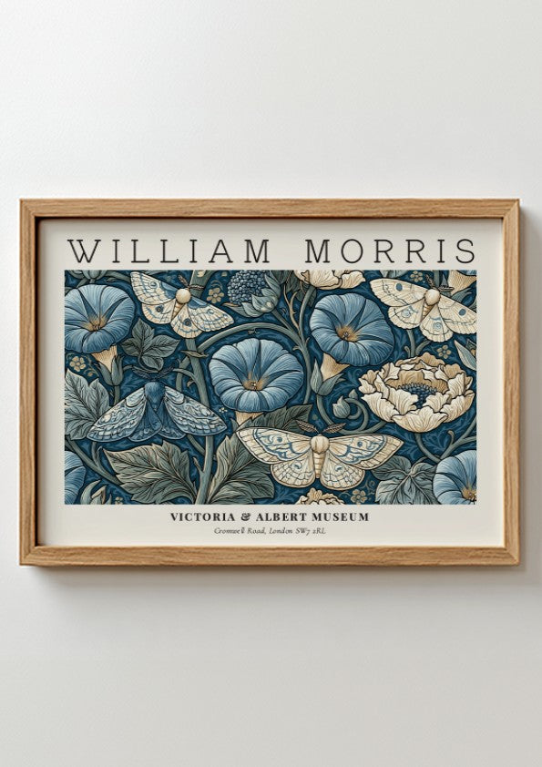 Woven Dreams wall art print featuring floral motifs and moths in rich blue tones