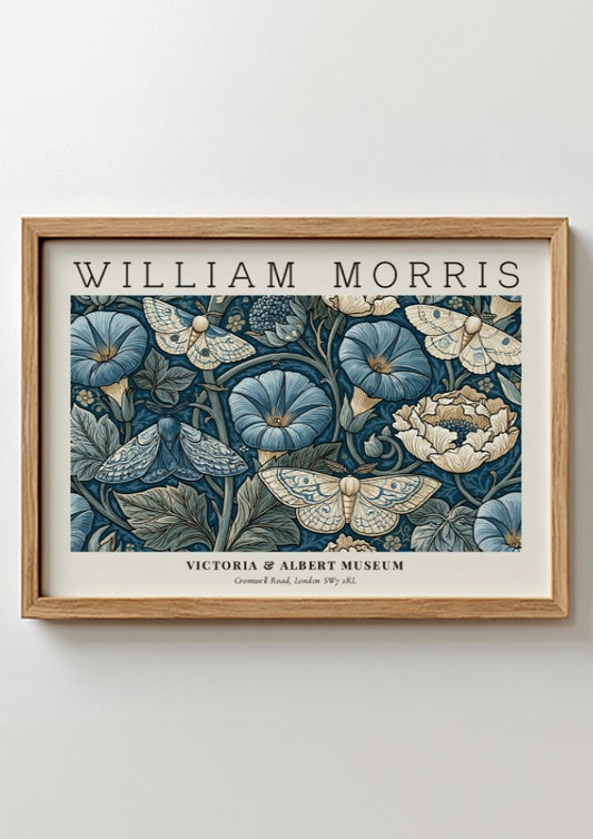 Woven Dreams wall art print featuring floral motifs and moths in rich blue tones