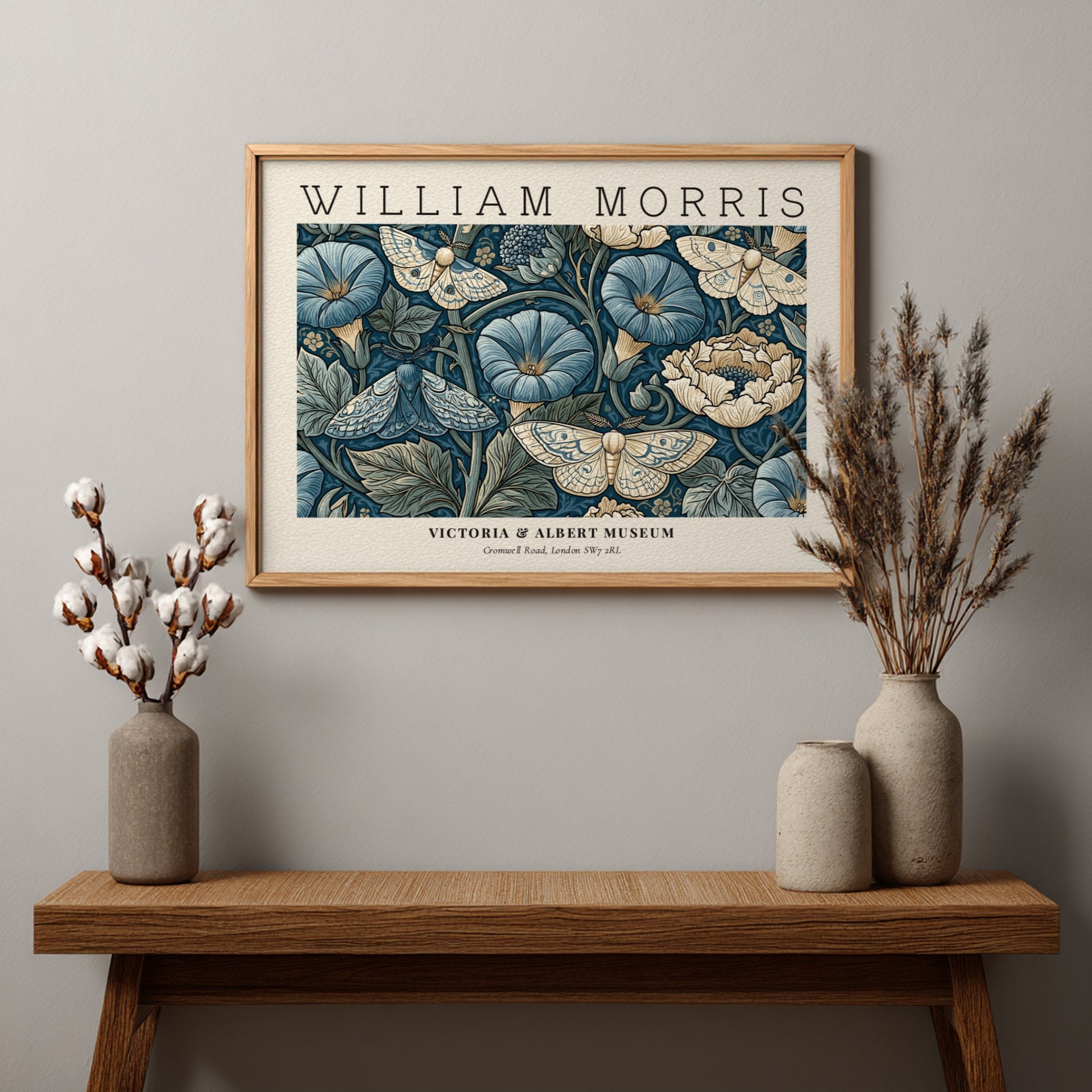 Woven Dreams wall art print featuring floral motifs and moths in rich blue tones