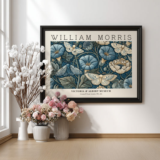 Woven Dreams wall art print featuring floral motifs and moths in rich blue tones