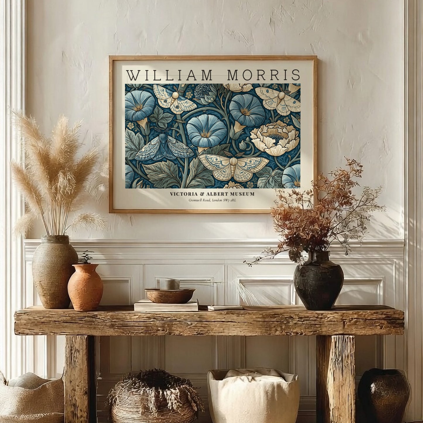 Woven Dreams wall art print featuring floral motifs and moths in rich blue tones