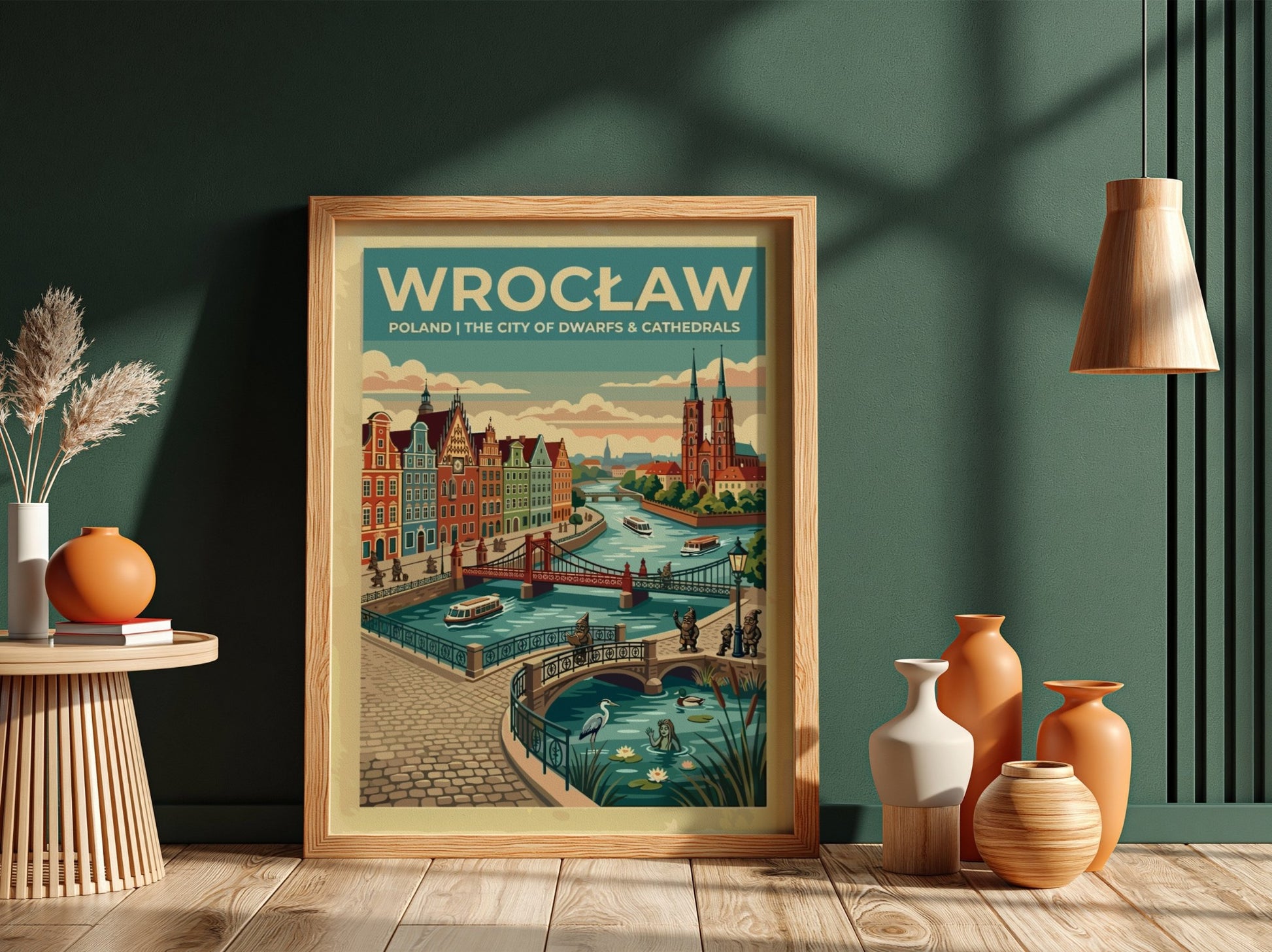 Travel poster of Wrocław featuring red cathedrals, arched bridges, and small bronze dwarfs.