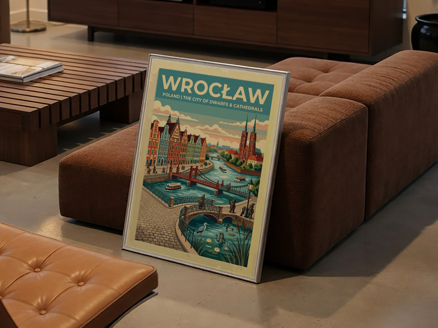 Travel poster of Wrocław featuring red cathedrals, arched bridges, and small bronze dwarfs.