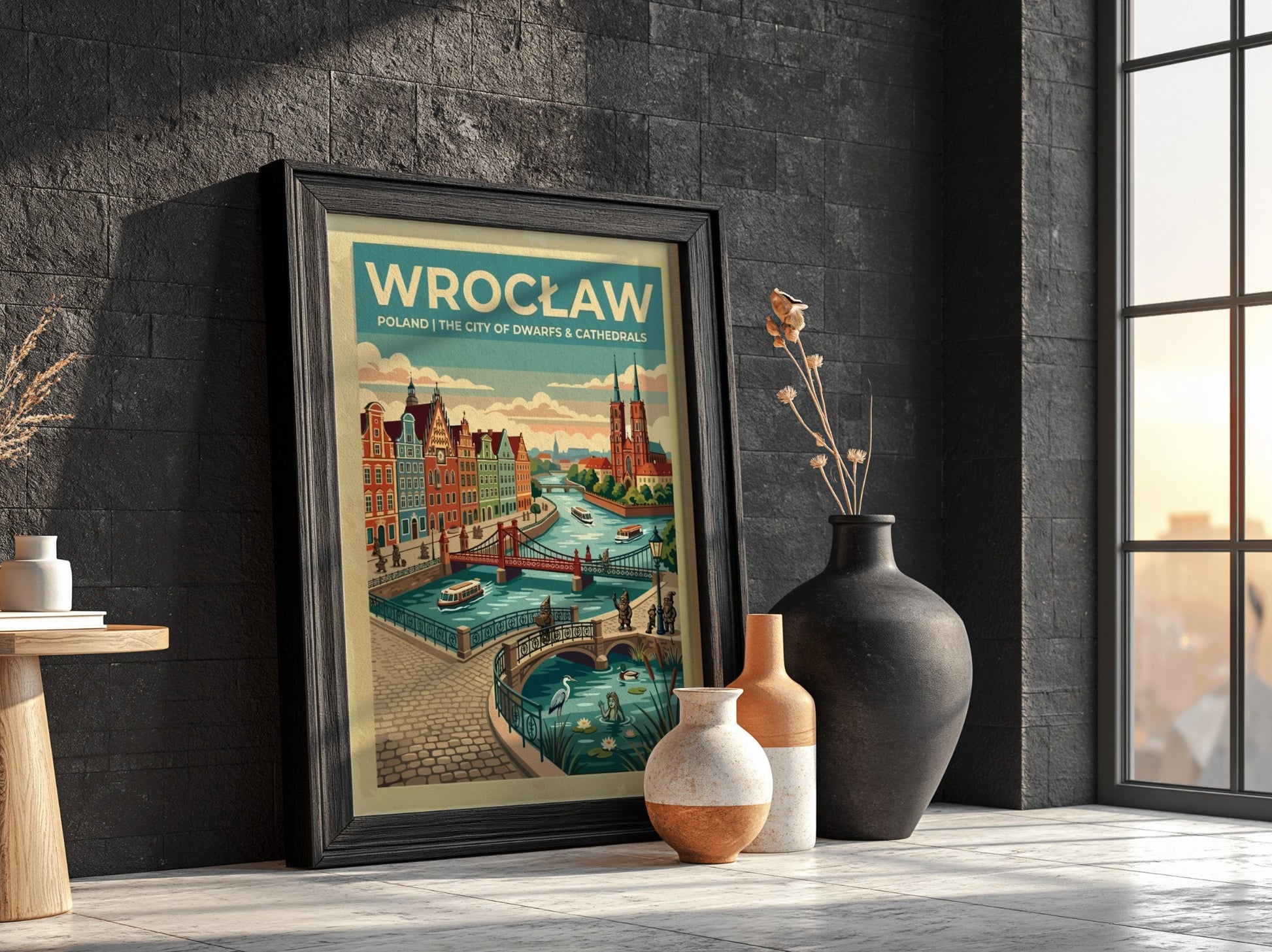 Travel poster of Wrocław featuring red cathedrals, arched bridges, and small bronze dwarfs.