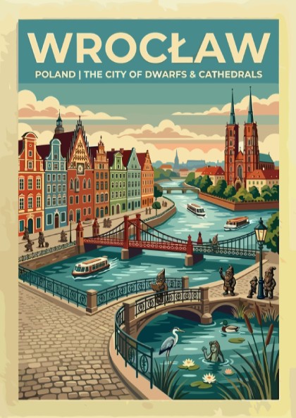 Travel poster of Wrocław featuring red cathedrals, arched bridges, and small bronze dwarfs.