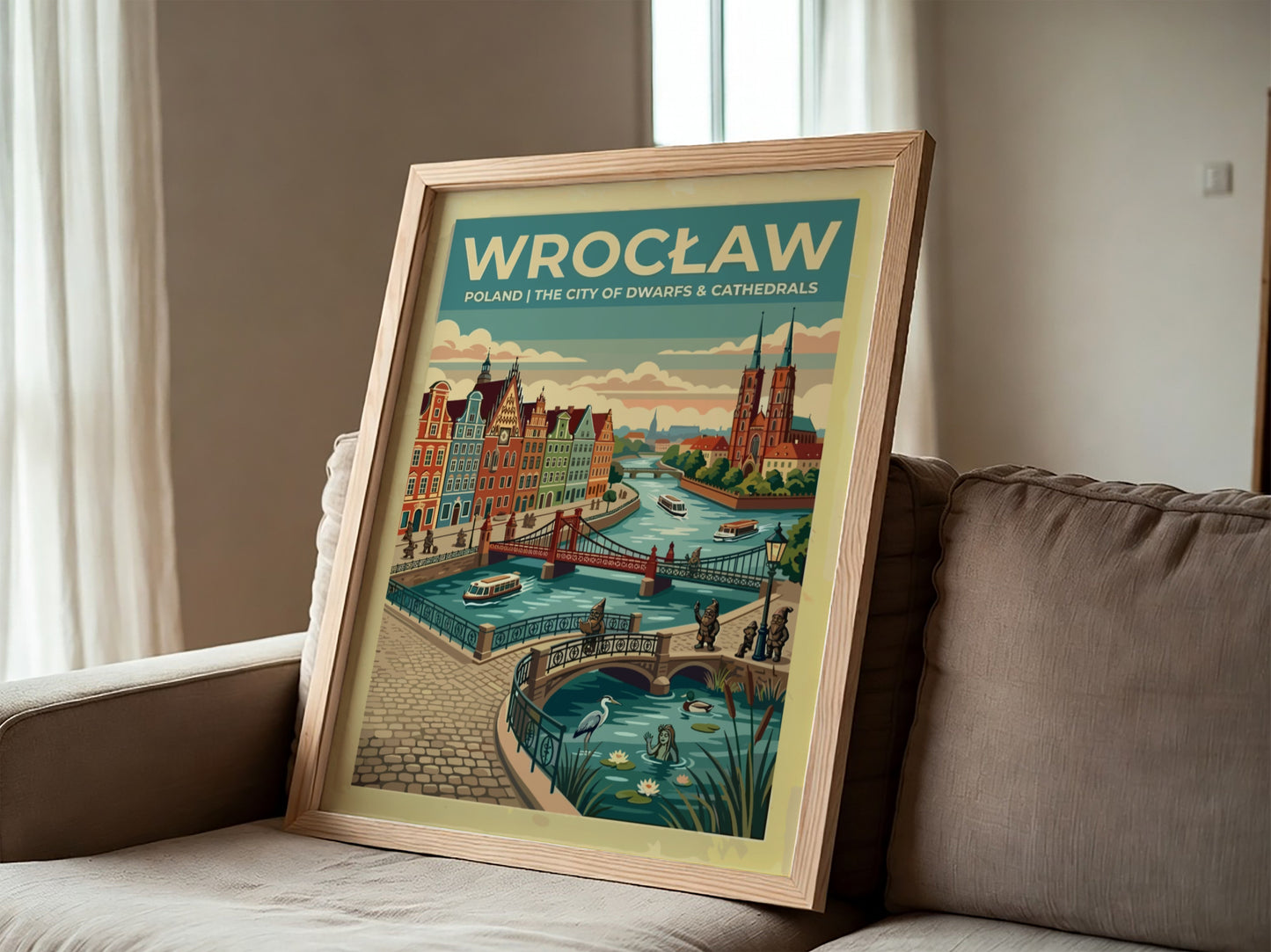 Travel poster of Wrocław featuring red cathedrals, arched bridges, and small bronze dwarfs.