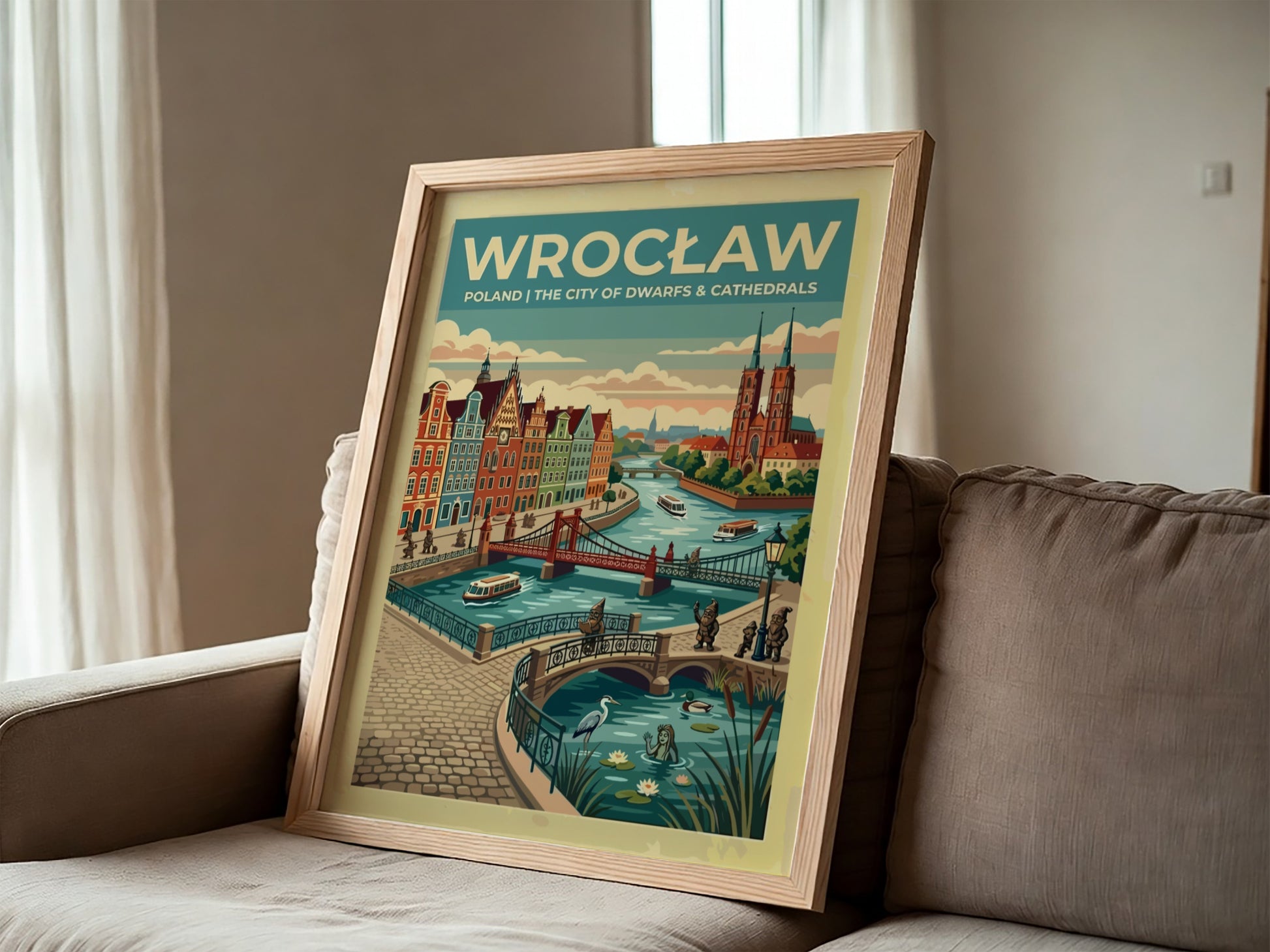 Travel poster of Wrocław featuring red cathedrals, arched bridges, and small bronze dwarfs.