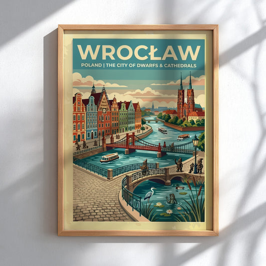 Travel poster of Wrocław featuring red cathedrals, arched bridges, and small bronze dwarfs.