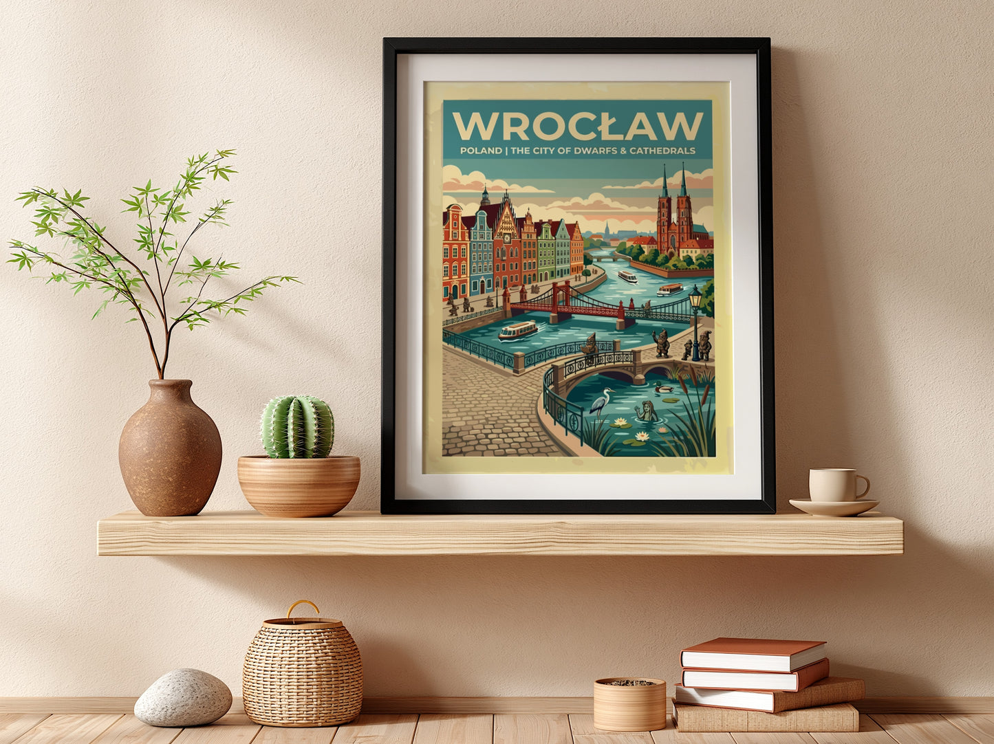 Travel poster of Wrocław featuring red cathedrals, arched bridges, and small bronze dwarfs.