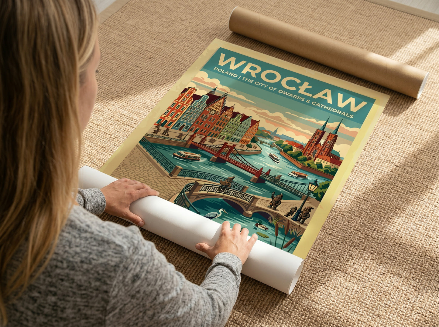 Travel poster of Wrocław featuring red cathedrals, arched bridges, and small bronze dwarfs.