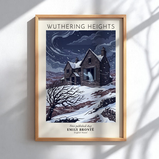 Poster featuring Wuthering Heights stone house with a spectral figure in snowy moorland setting.