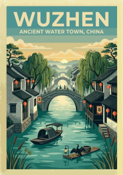 Wuzhen travel poster featuring vintage water town scene with canals and bridges