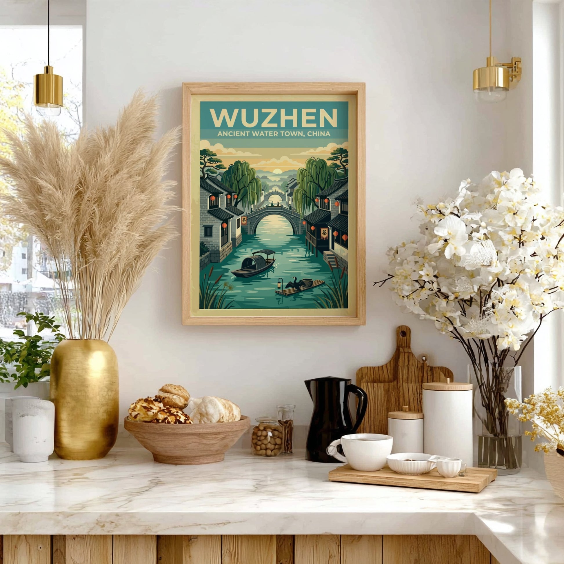 Wuzhen travel poster featuring vintage water town scene with canals and bridges