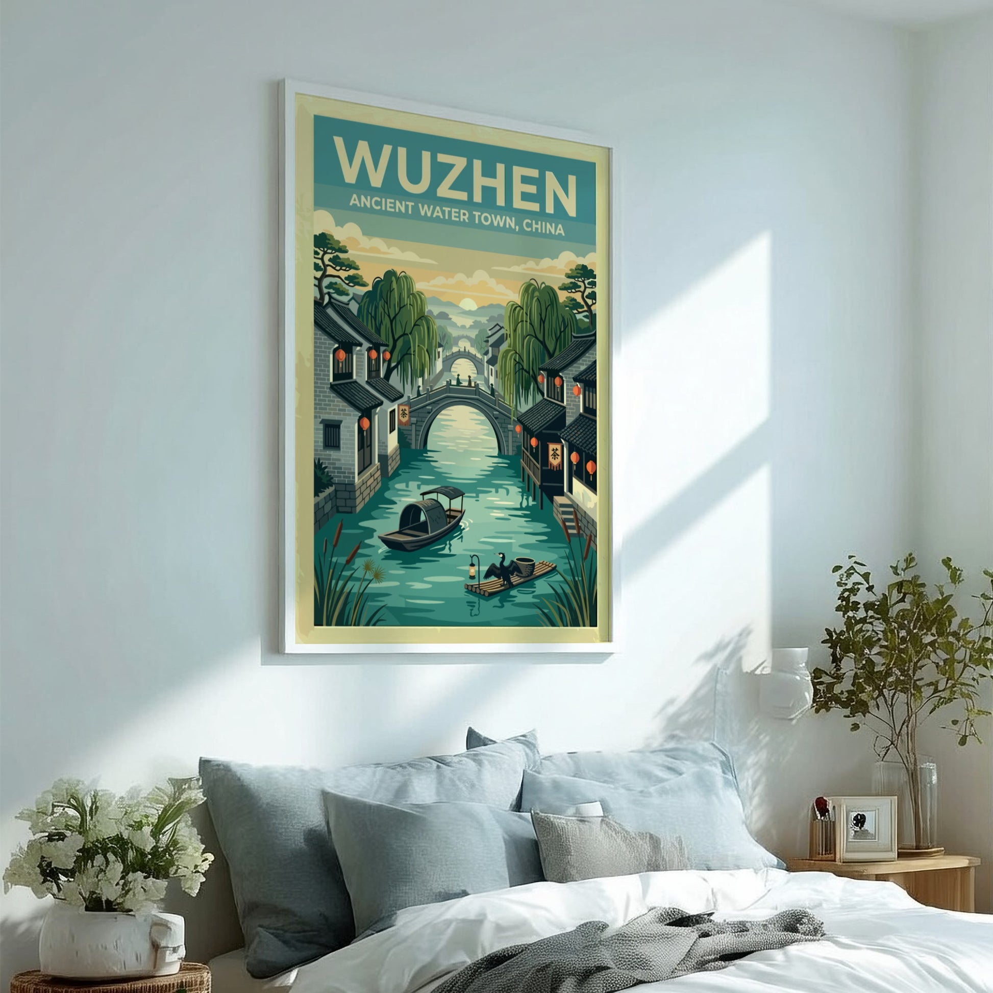 Wuzhen travel poster featuring vintage water town scene with canals and bridges