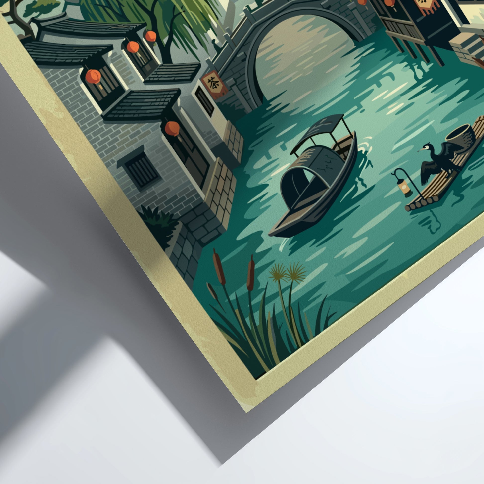 Wuzhen travel poster featuring vintage water town scene with canals and bridges