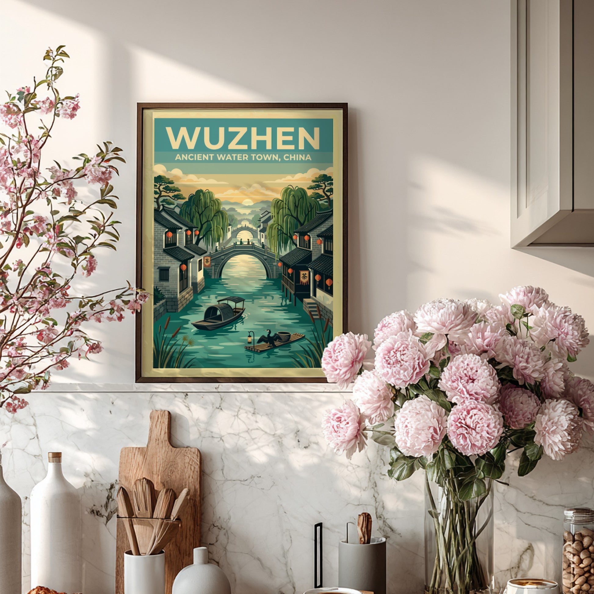 Wuzhen travel poster featuring vintage water town scene with canals and bridges