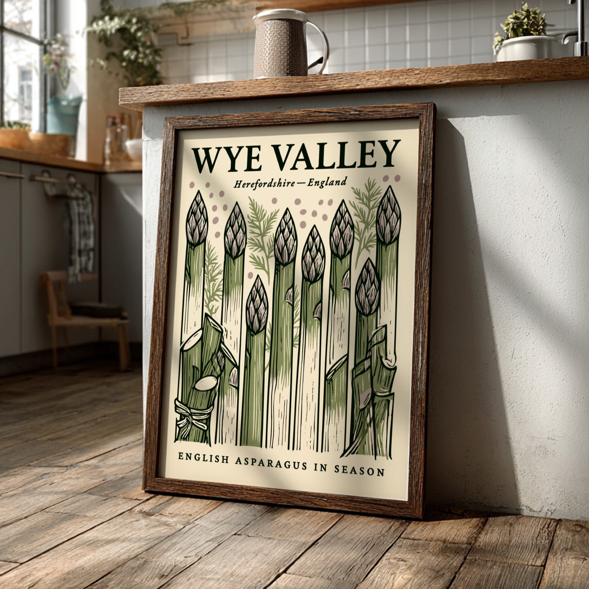 Kitchen poster featuring asparagus in green tones, hand-drawn style, perfect for culinary decor.