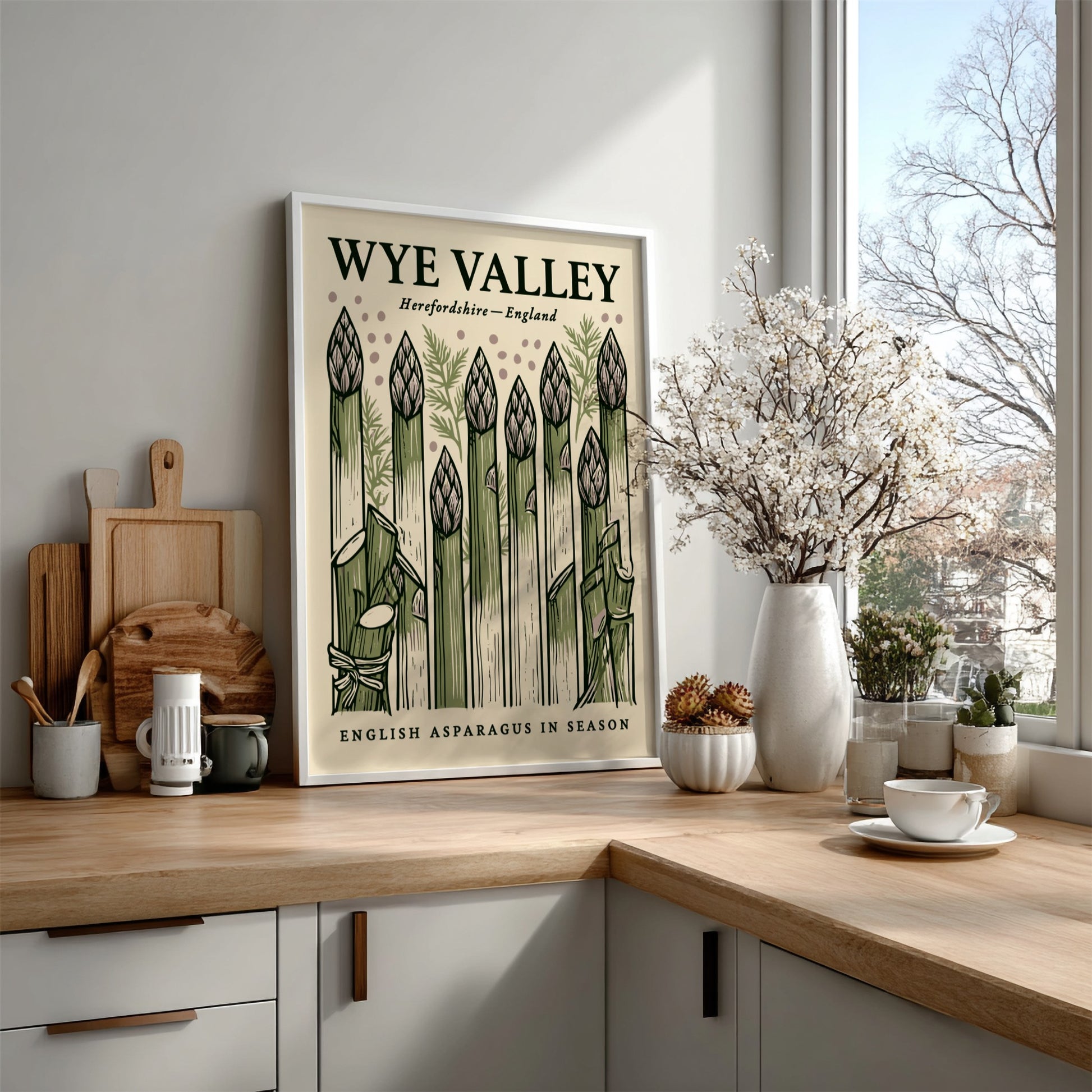 Kitchen poster featuring asparagus in green tones, hand-drawn style, perfect for culinary decor.