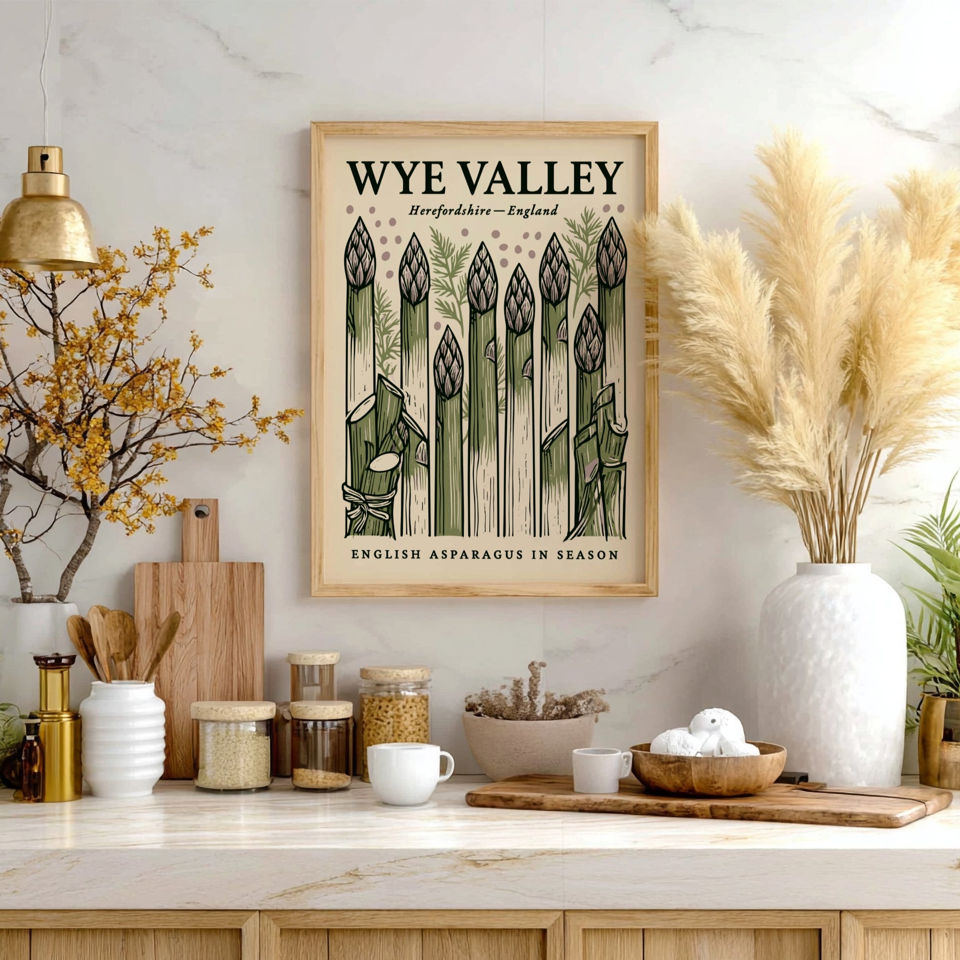 Kitchen poster featuring asparagus in green tones, hand-drawn style, perfect for culinary decor.