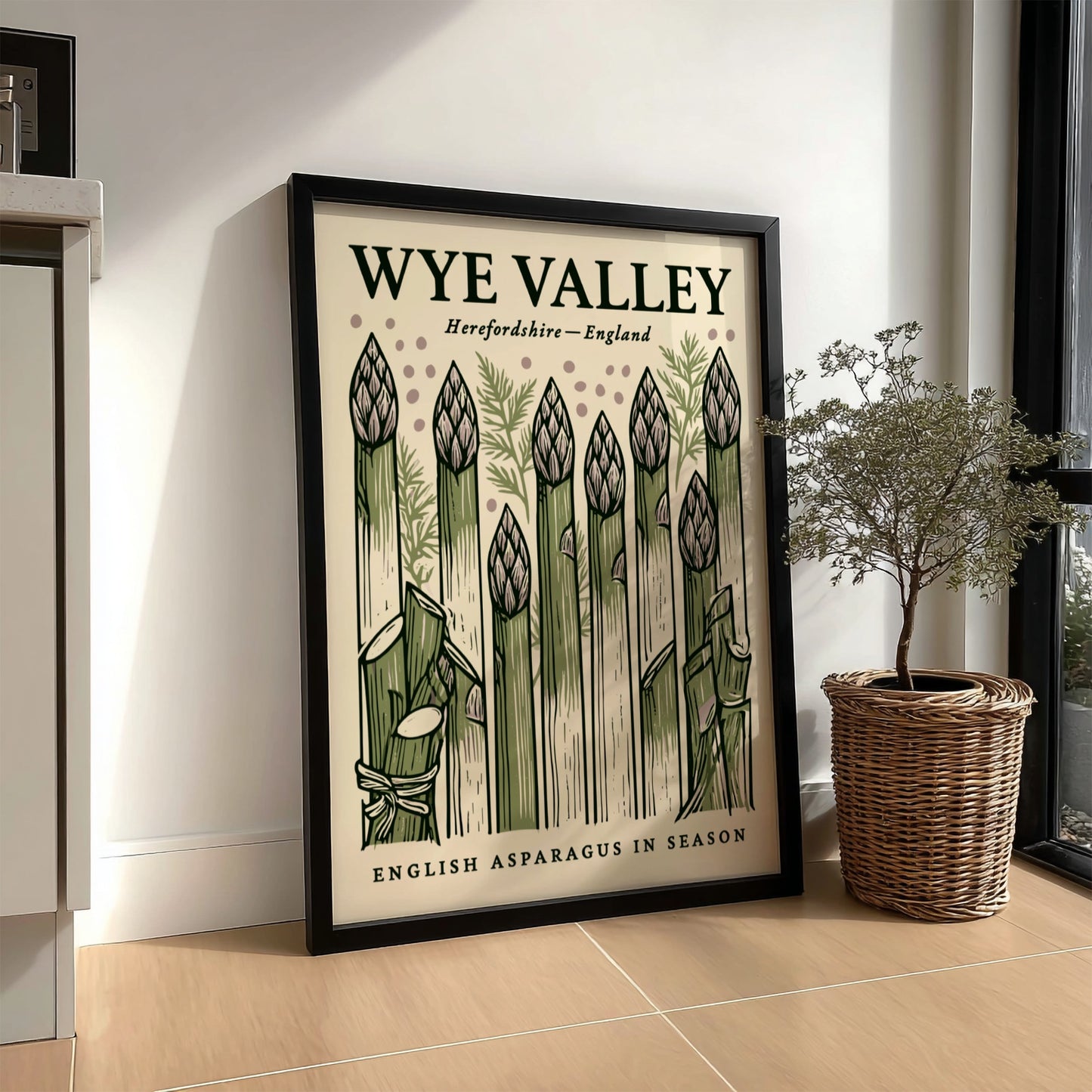 Kitchen poster featuring asparagus in green tones, hand-drawn style, perfect for culinary decor.