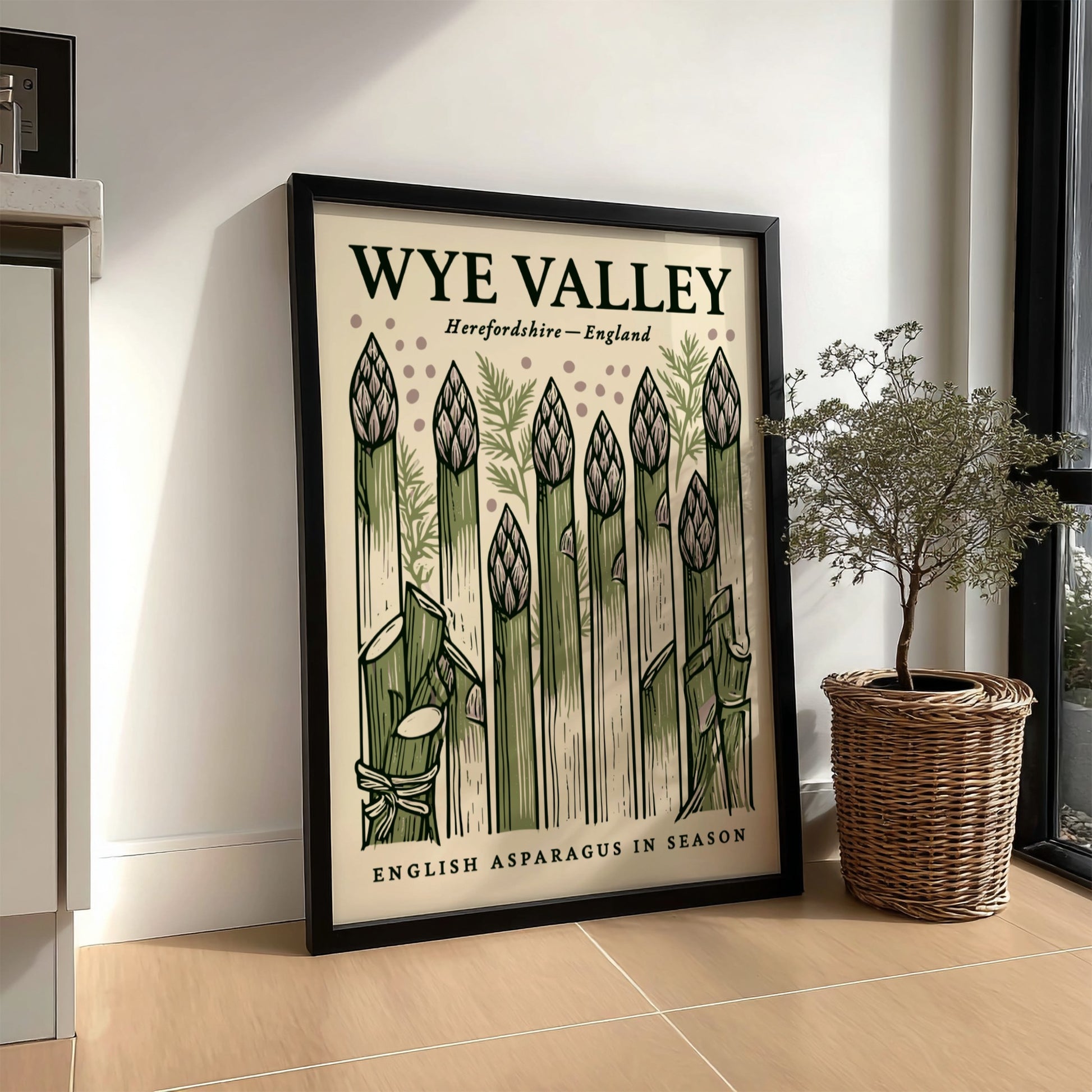 Kitchen poster featuring asparagus in green tones, hand-drawn style, perfect for culinary decor.