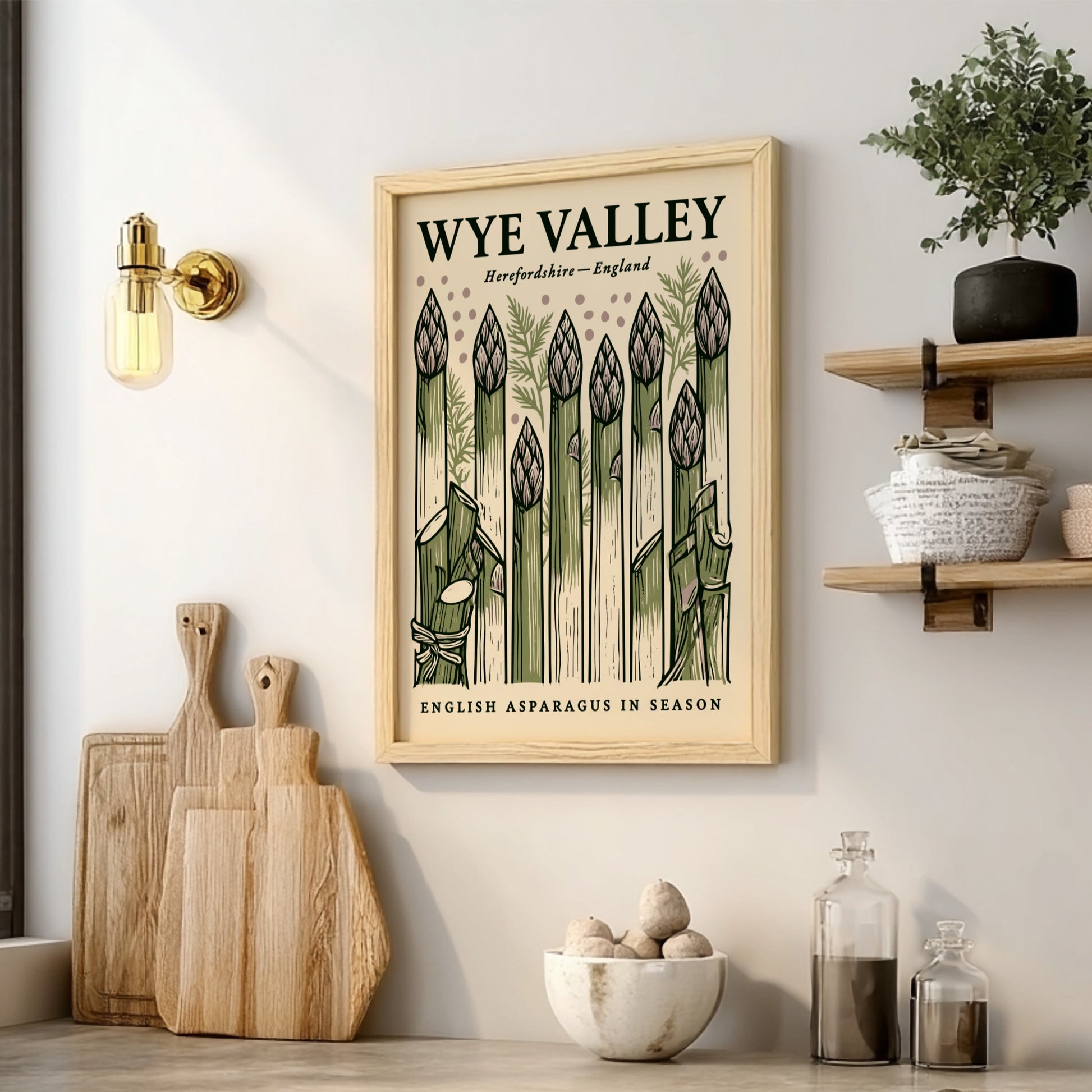 Kitchen poster featuring asparagus in green tones, hand-drawn style, perfect for culinary decor.