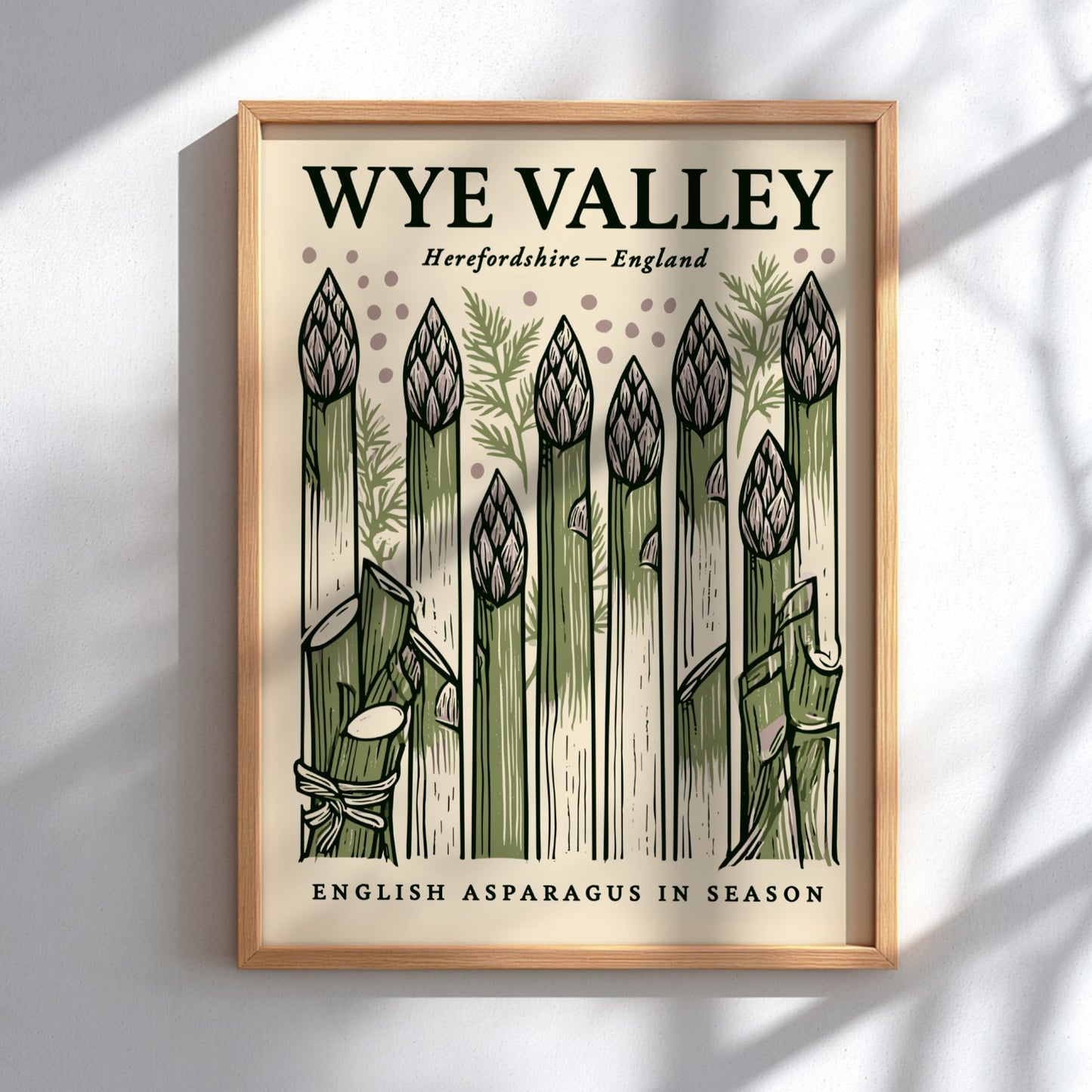 Kitchen poster featuring asparagus in green tones, hand-drawn style, perfect for culinary decor.