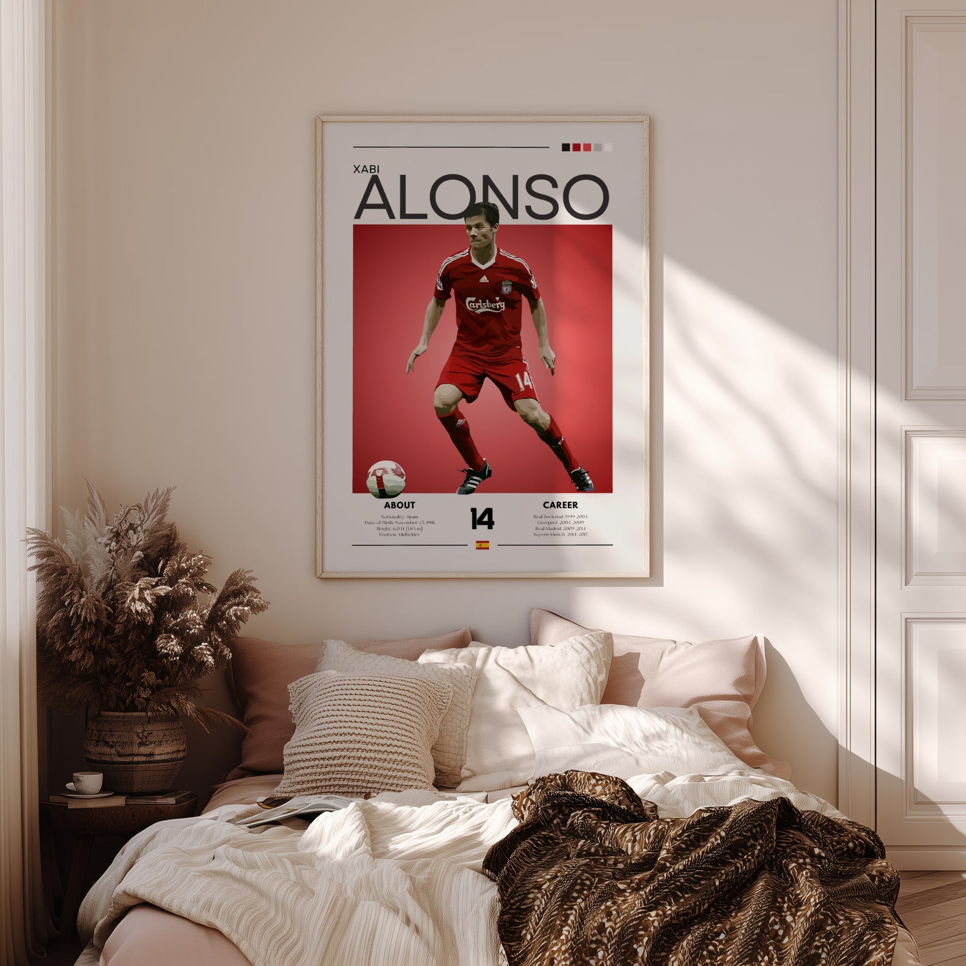 Poster of a soccer player in a bedroom with a bed and decorative pillows.