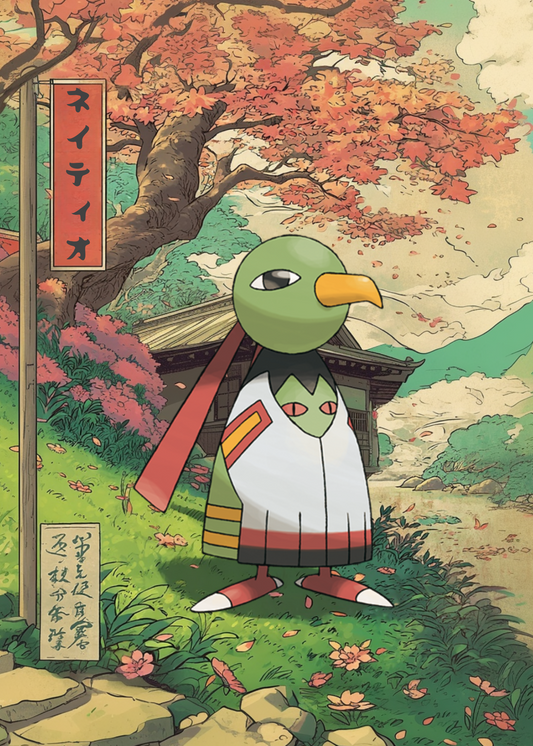 Xatu Pokémon standing in a Japanese-style garden with cherry blossoms and a sign.