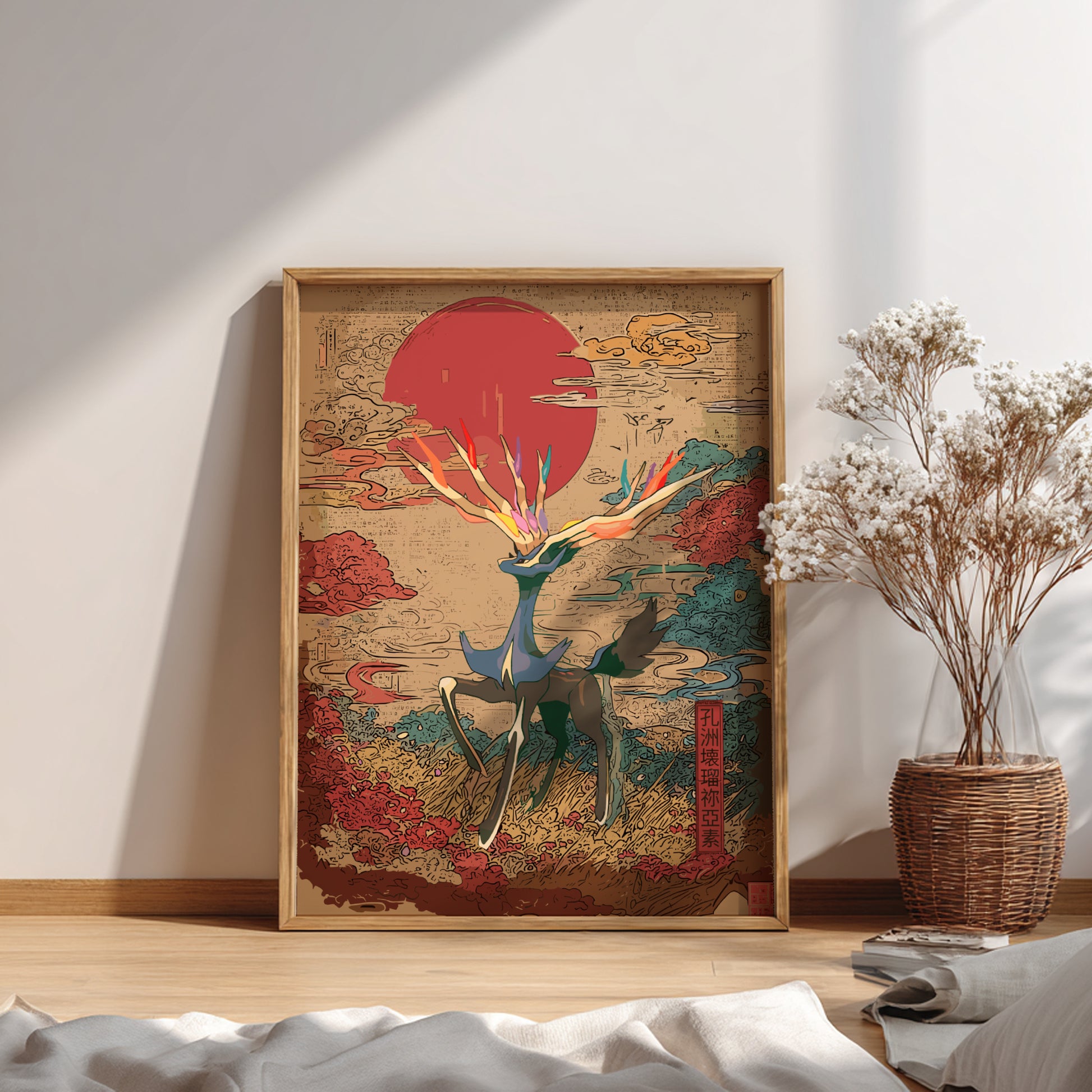 Framed abstract artwork of Xerneas Pokemon on a wall with a vase of dried flowers below.