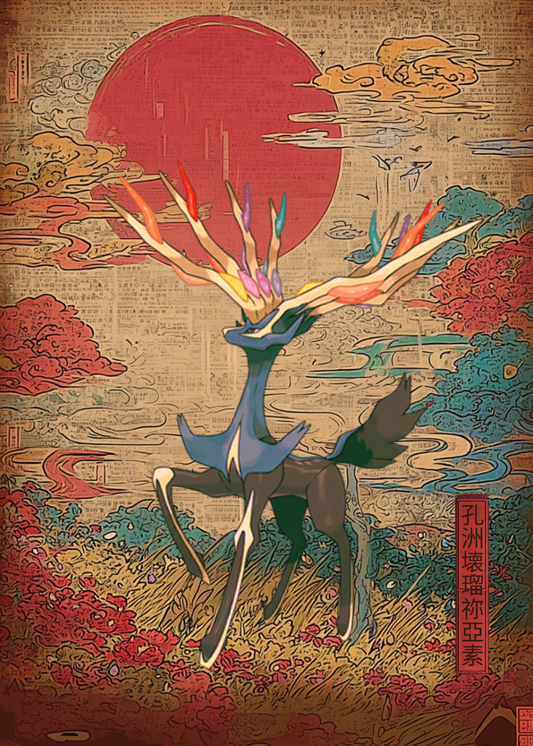 Xerneas Pokemon against a textured background