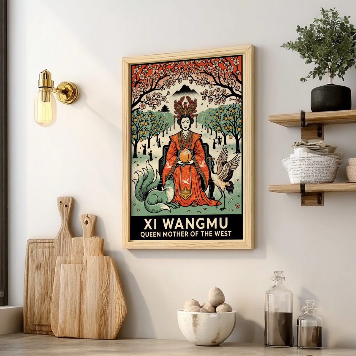 Poster featuring the Queen Mother of the West holding a peach with fox